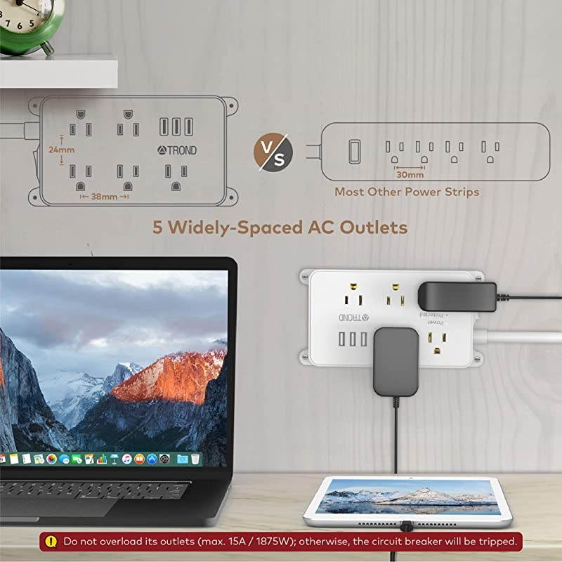 Power Strip Surge Protector Flat Plug, ETL Listed,  5 Widely-Spaced Outlets with 3 USB Ports, 1300 Joules, Low Profile Extension Cord 10ft, Wall Mountable, White
