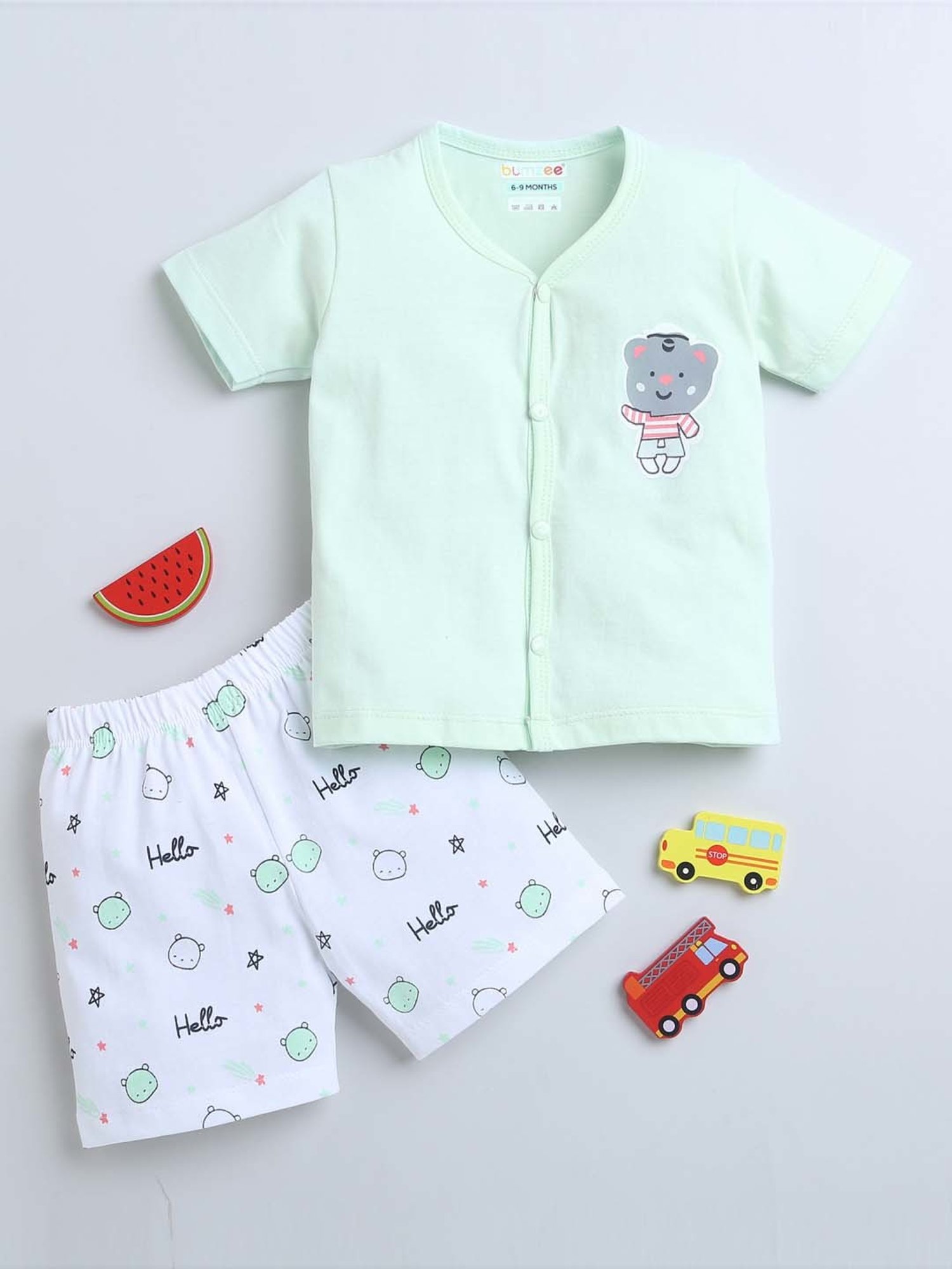 Bumzee Kids Mint Green & White Cotton Printed Jabla Set
