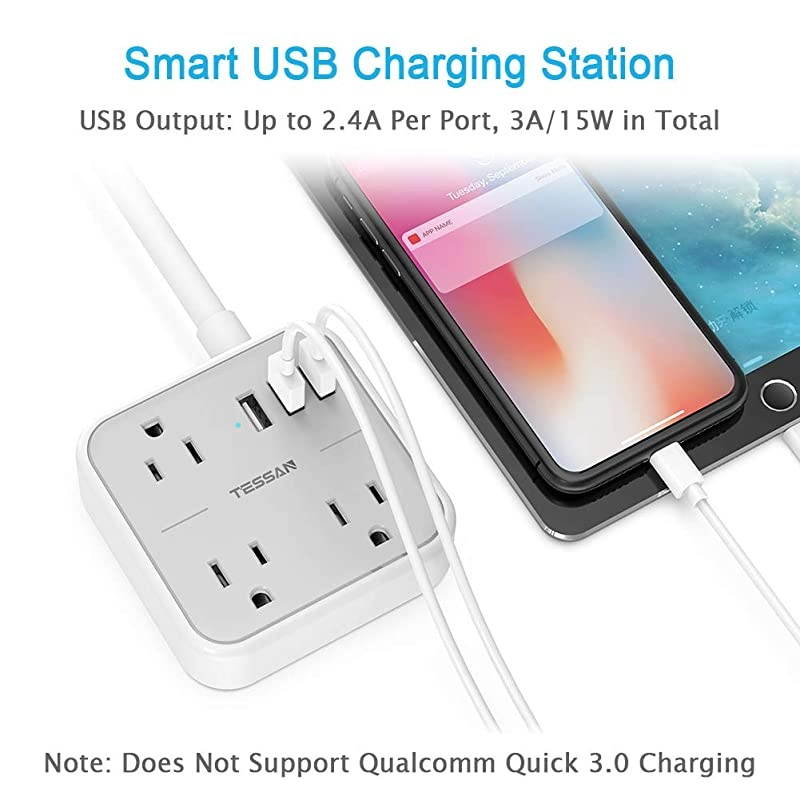 Strip with USB TESSAN Flat Plug Extension Cord with 3 USB Ports Mini Travel Strip with 3 Widely Spaced Outlets 5 Feet Cord Compact for Cruise Ship Hotel Dorm Room Home Gray