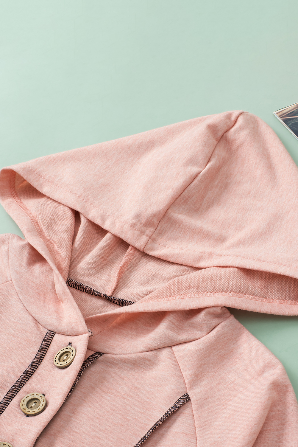 Pink Solid Color Exposed Seam Henley Pullover Hoodie