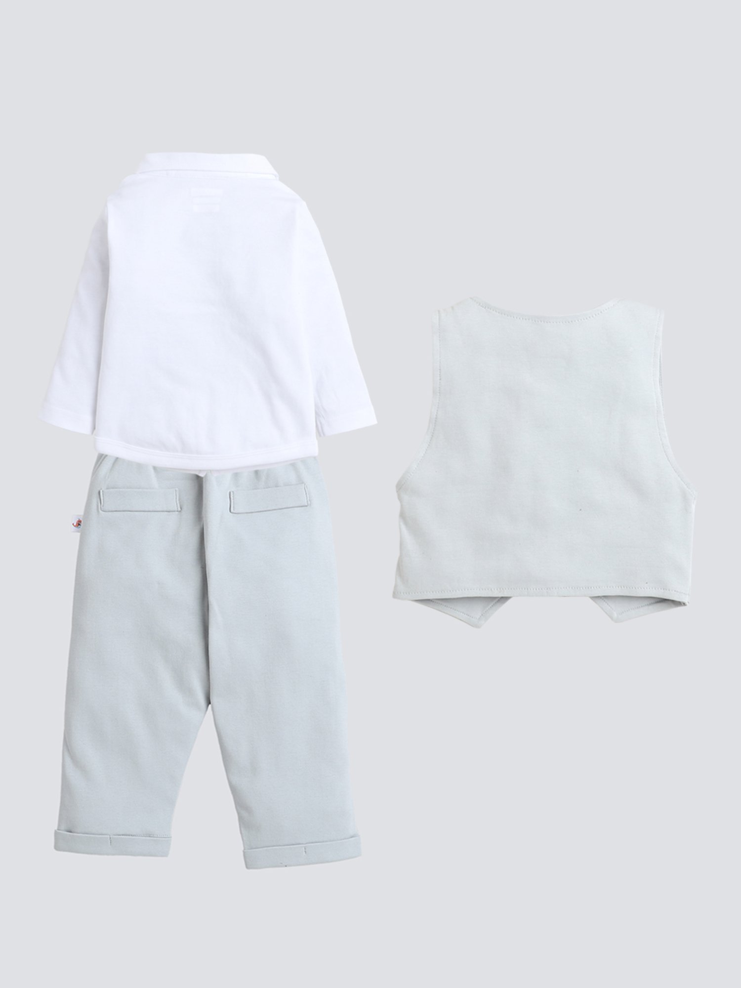 Bumzee Kids Grey & White Solid Full Sleeves Shirt, Waistcoat, Pants with Bow