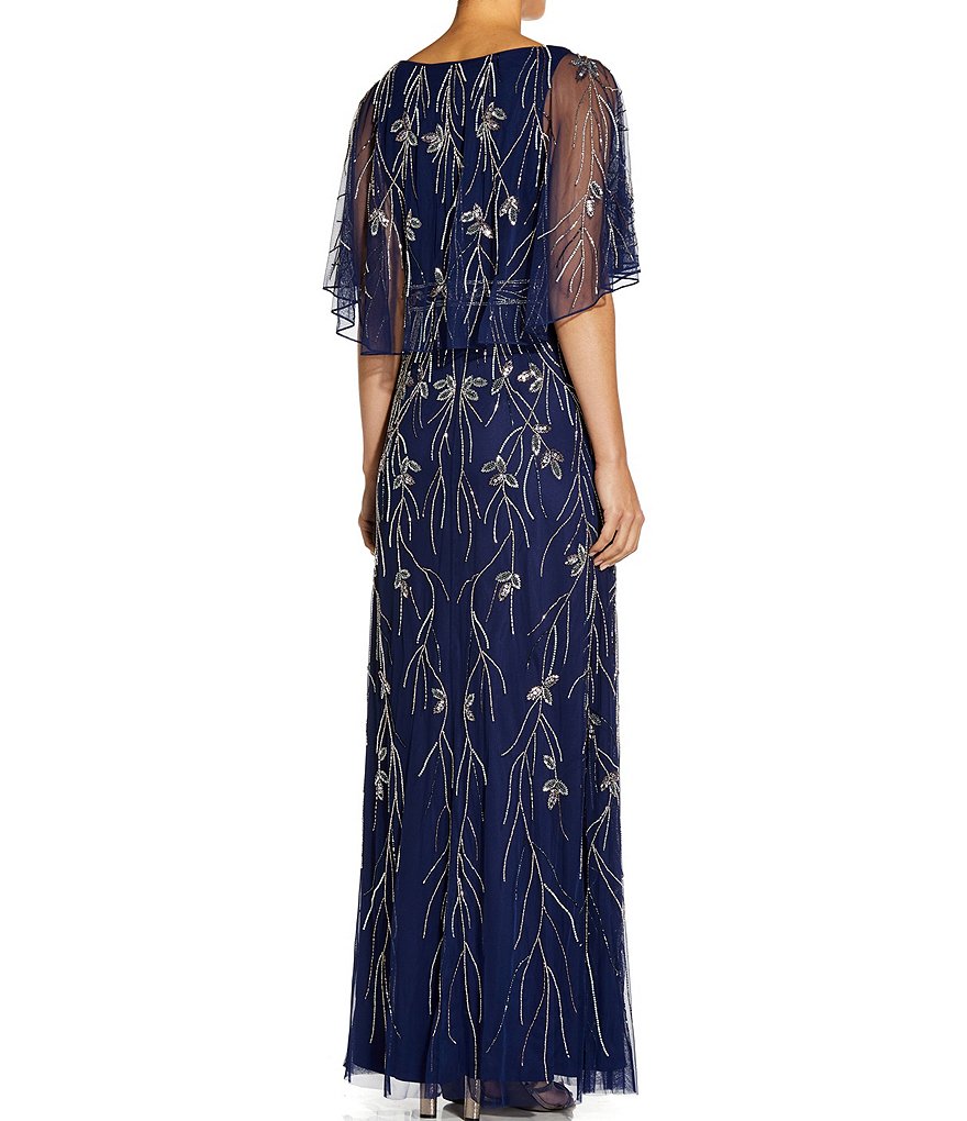 Aidan Mattox Flutter Sleeve Floral Beaded A-Line Gown