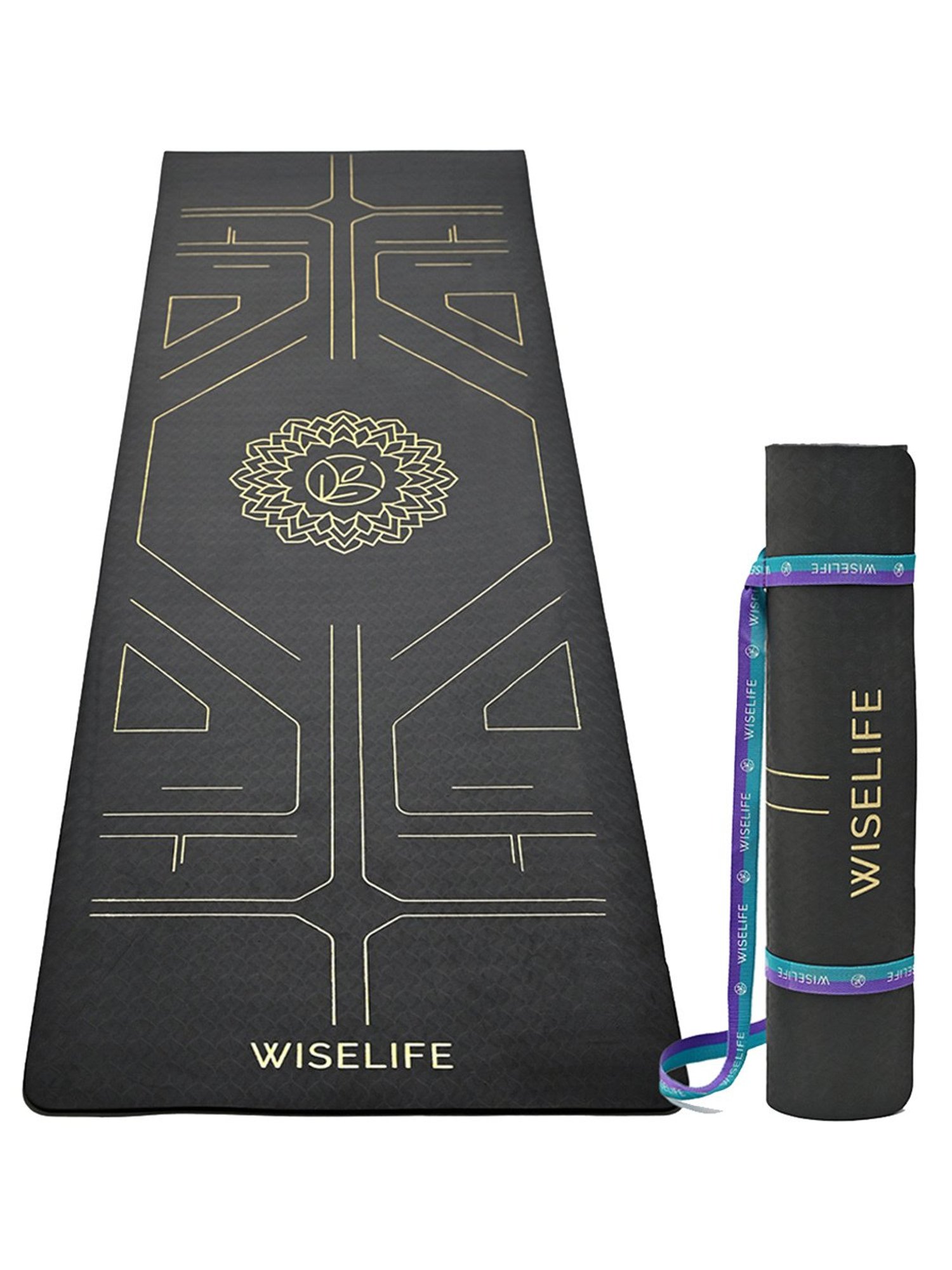 WiseLife TRU Alignment Yoga Mat + Sleek Yoga Strap for Men and Women (Black)