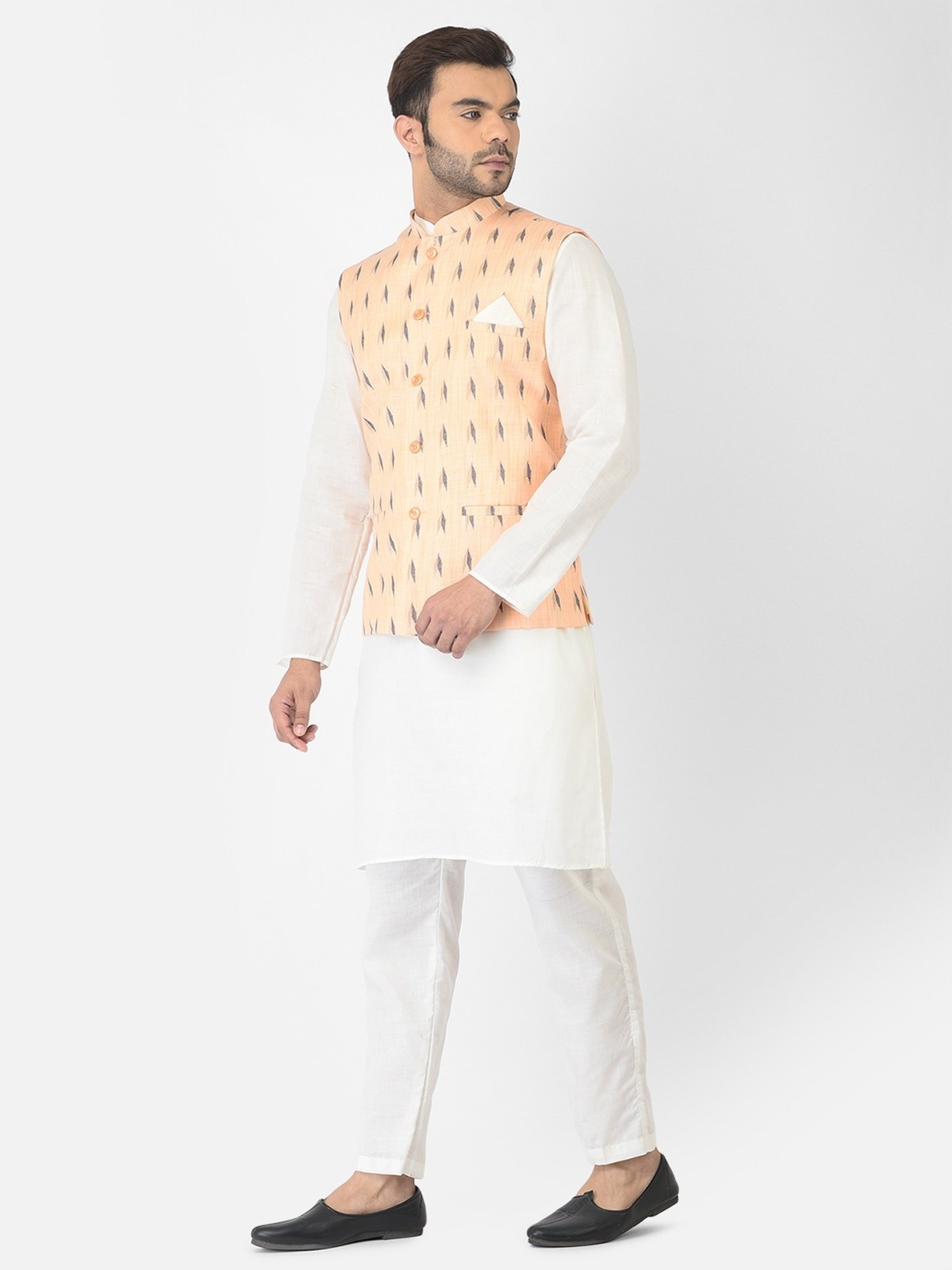 Deyann White & Orange Cotton Regular Fit Printed Kurta Set With Jacket