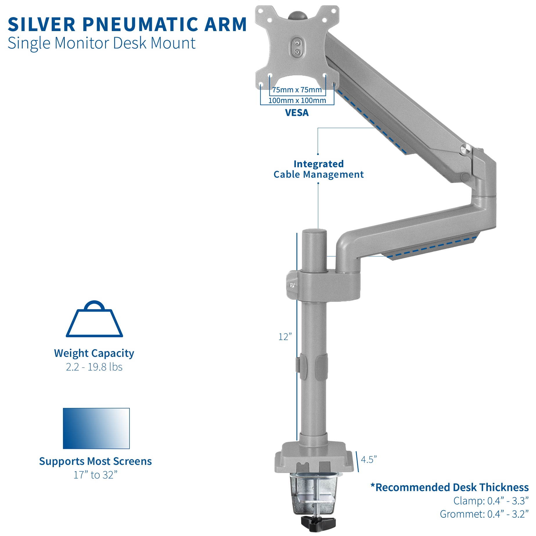 VIVO Silver Aluminum Single Monitor Arm Desk Mount Stand with Pneumatic Spring | Holds 17" to 32" Screens (STAND-V101SV)