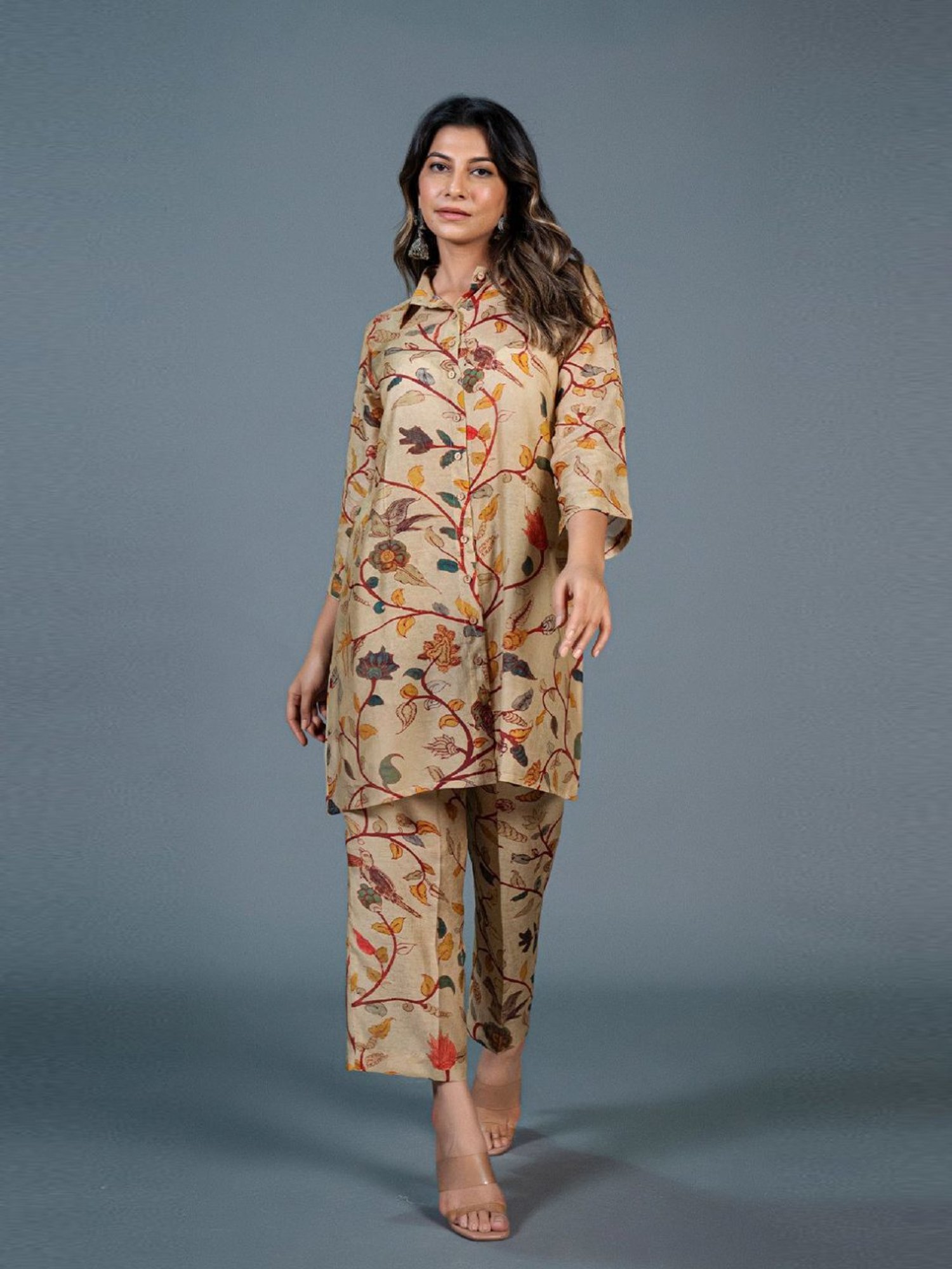 Eeshva India Beige Kalamkari Printed Co-Ord Set