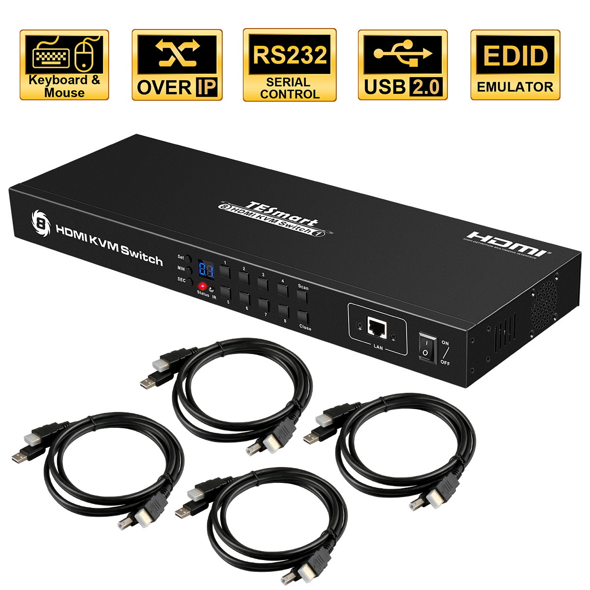 TESmart 4K UHD 8 Ports Inputs HDMI KVM Switch, Control up to 8 Computers/Servers, USB 2.0 Device, RS232/ LAN Port Control Switch, Rack Mount Switch with 4 Pcs 5ft/1.5m KVM Cable
