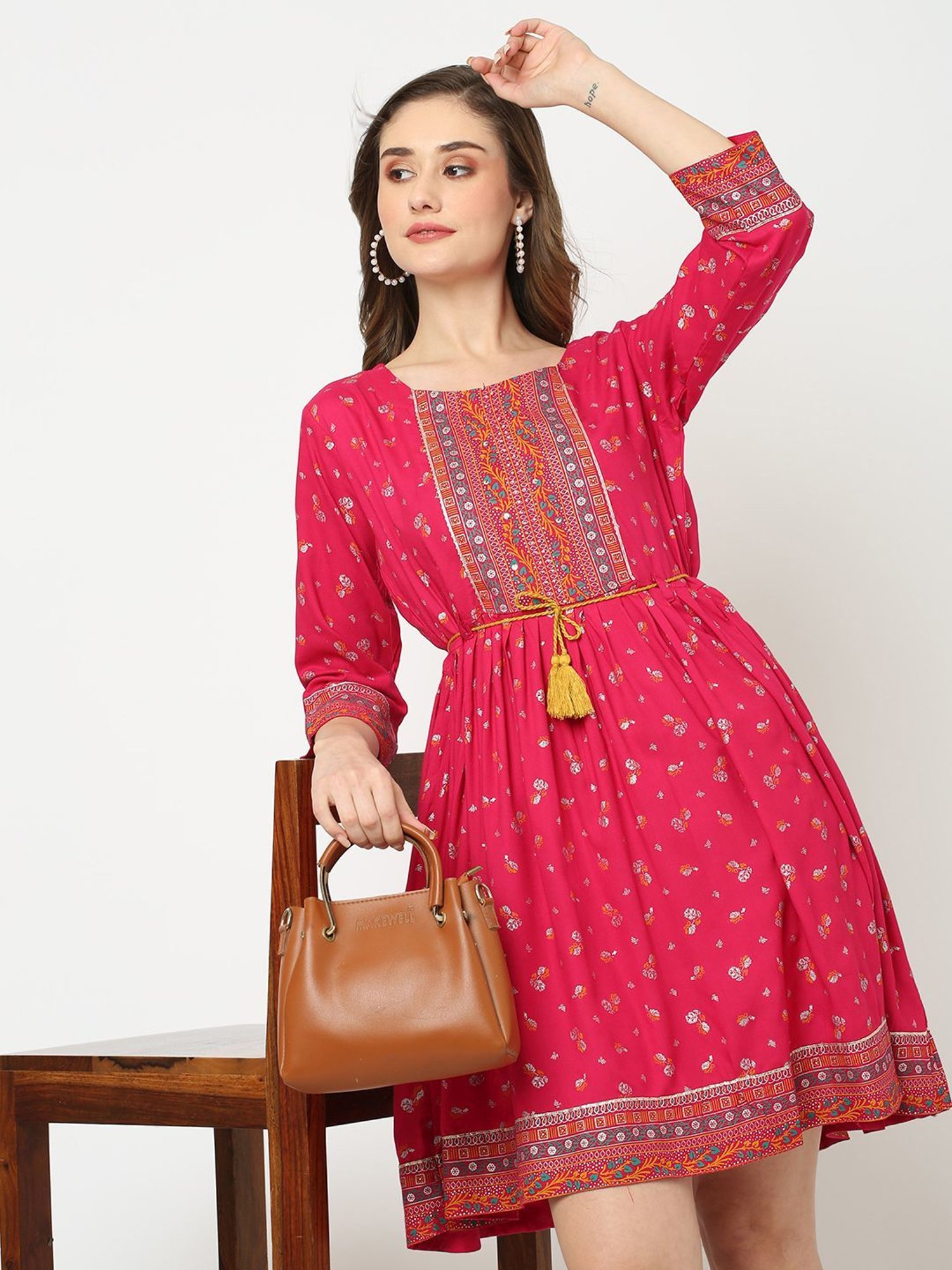 KIANA Pink Printed A-Line Dress