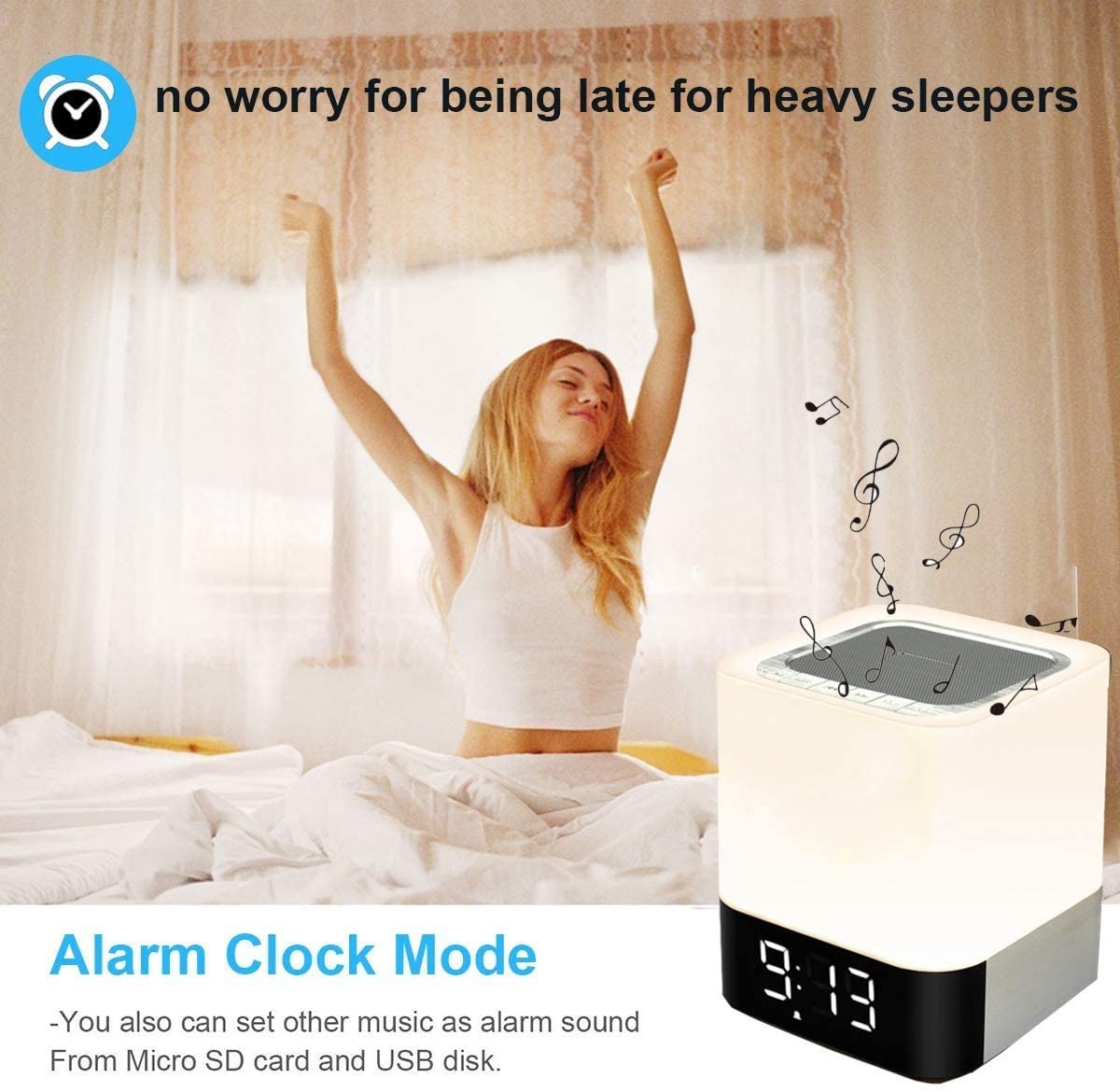Bluetooth Speaker Night Lights, 5 in 1 Bedside Lamp with Bluetooth Speaker, 12/24H Digital Calendar Alarm Clock, Touch Control & 4000mAh Battery, Support TF and SD Card, Music Player, Room Decor