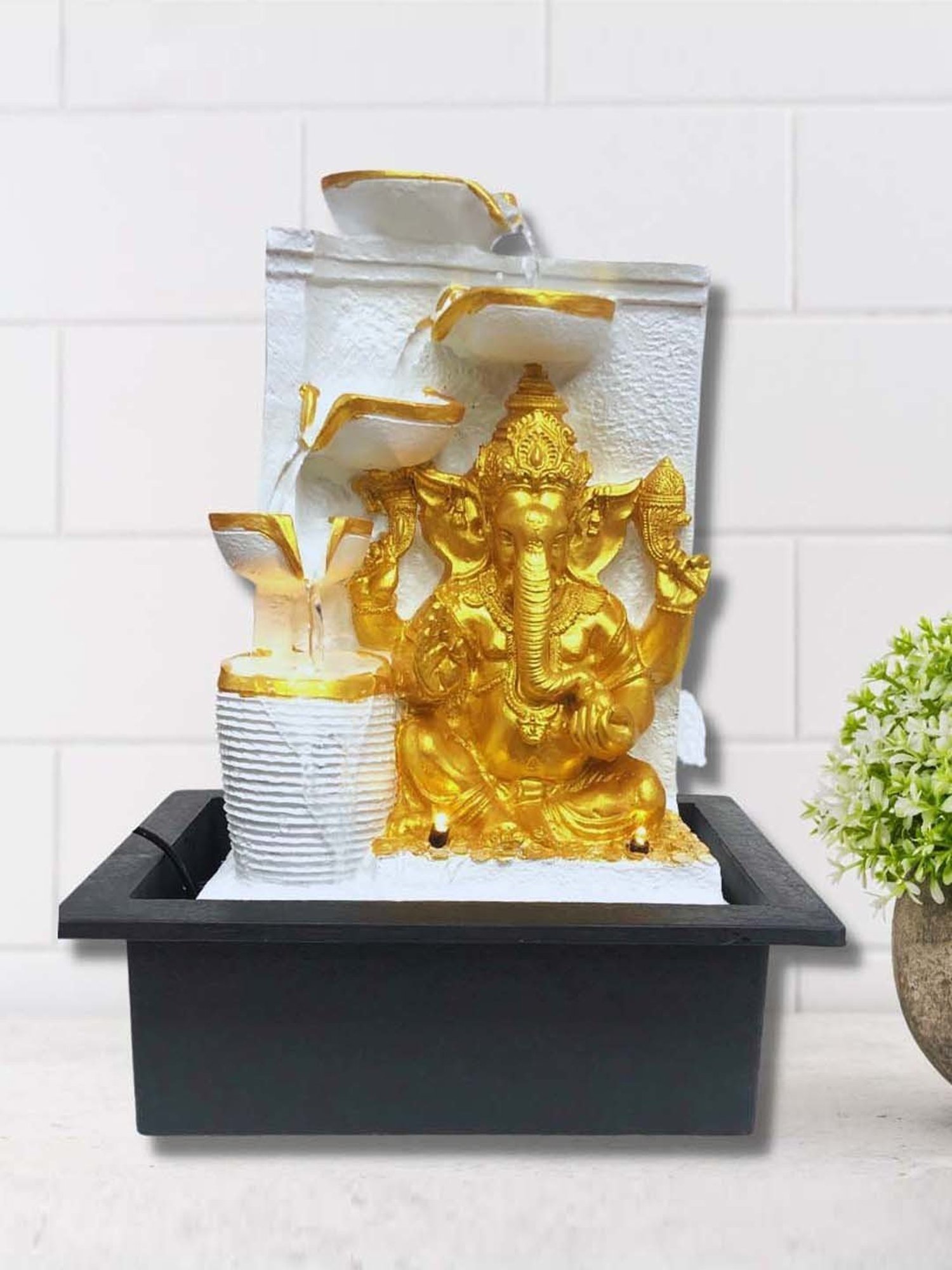 CHRONIKLE White & Gold Polyresin Ganesha Idol 4 Steps Waterfall Fountain