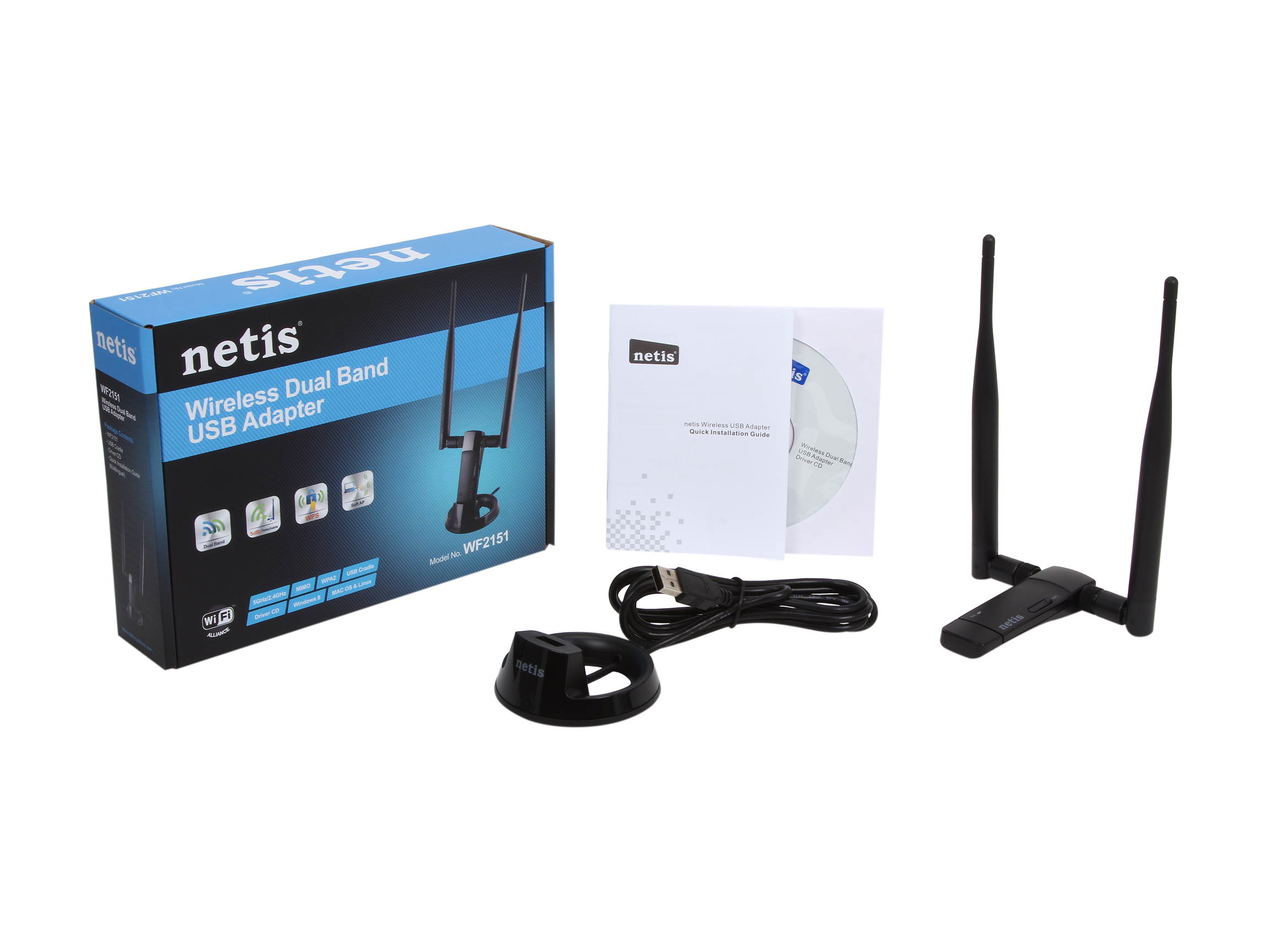 NETIS WF2151 USB 2.0 N600 Wireless Dual Band USB Adapter, Detachable Antennas