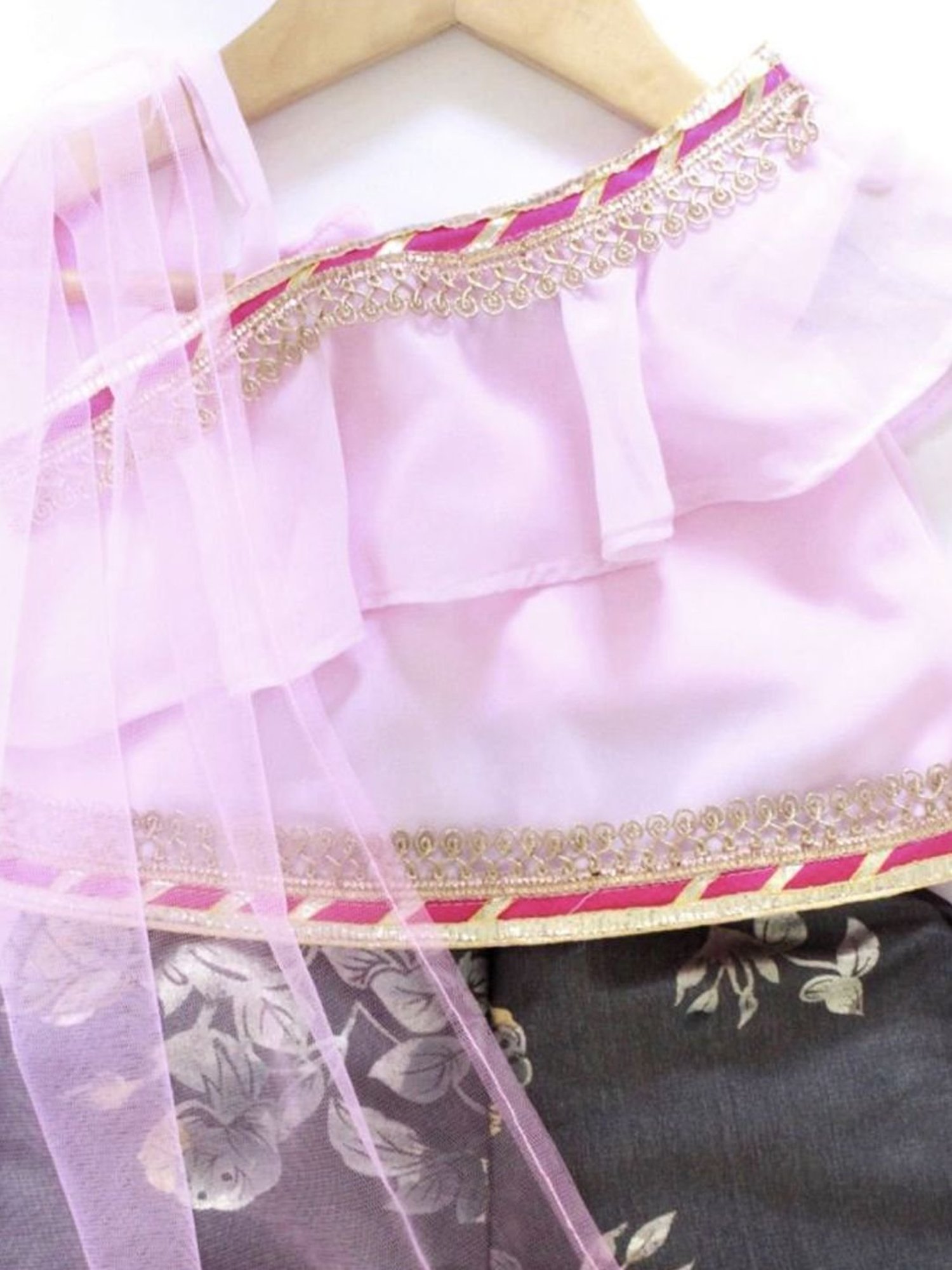 Many Frocks Kids Pink & Grey Embellished Top & Palazzo