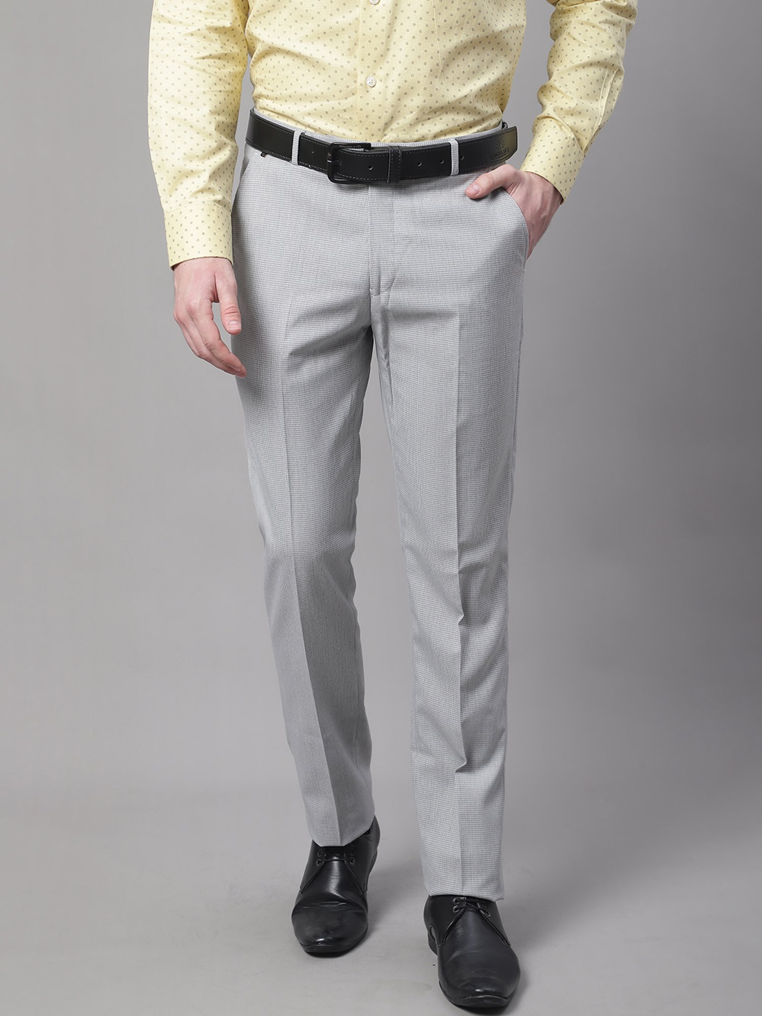 Cantabil Light Grey Regular Fit Printed Flat Front Trousers