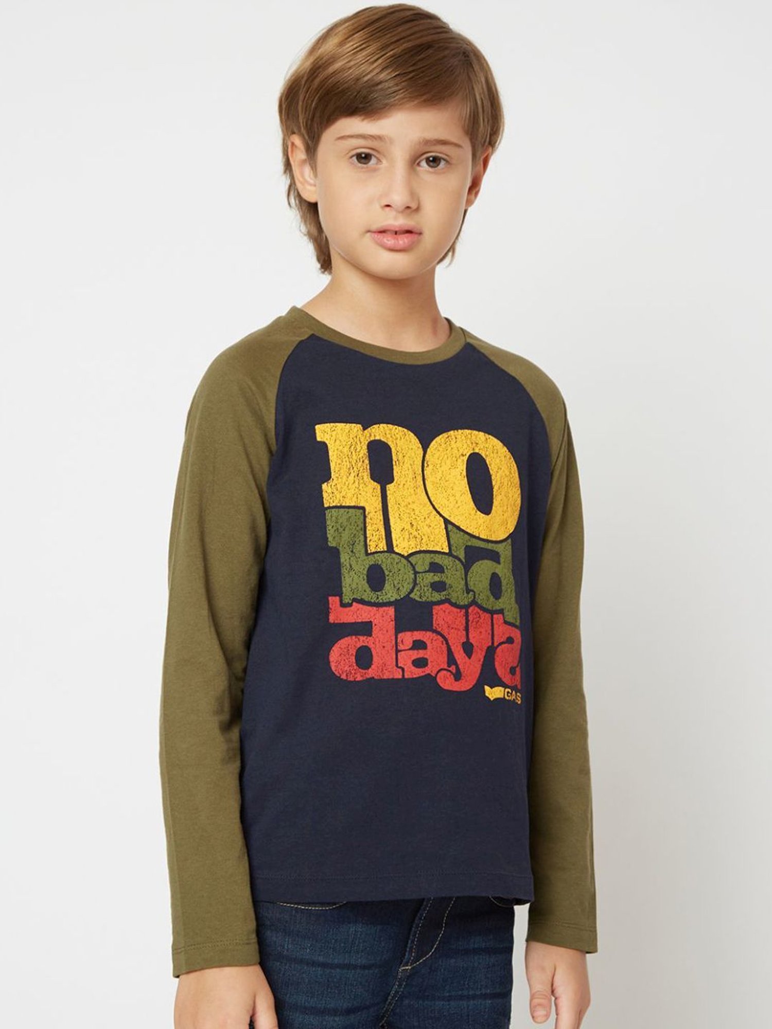 GAS Kids Navy & Olive Green Cotton Printed Full Sleeves T-Shirt