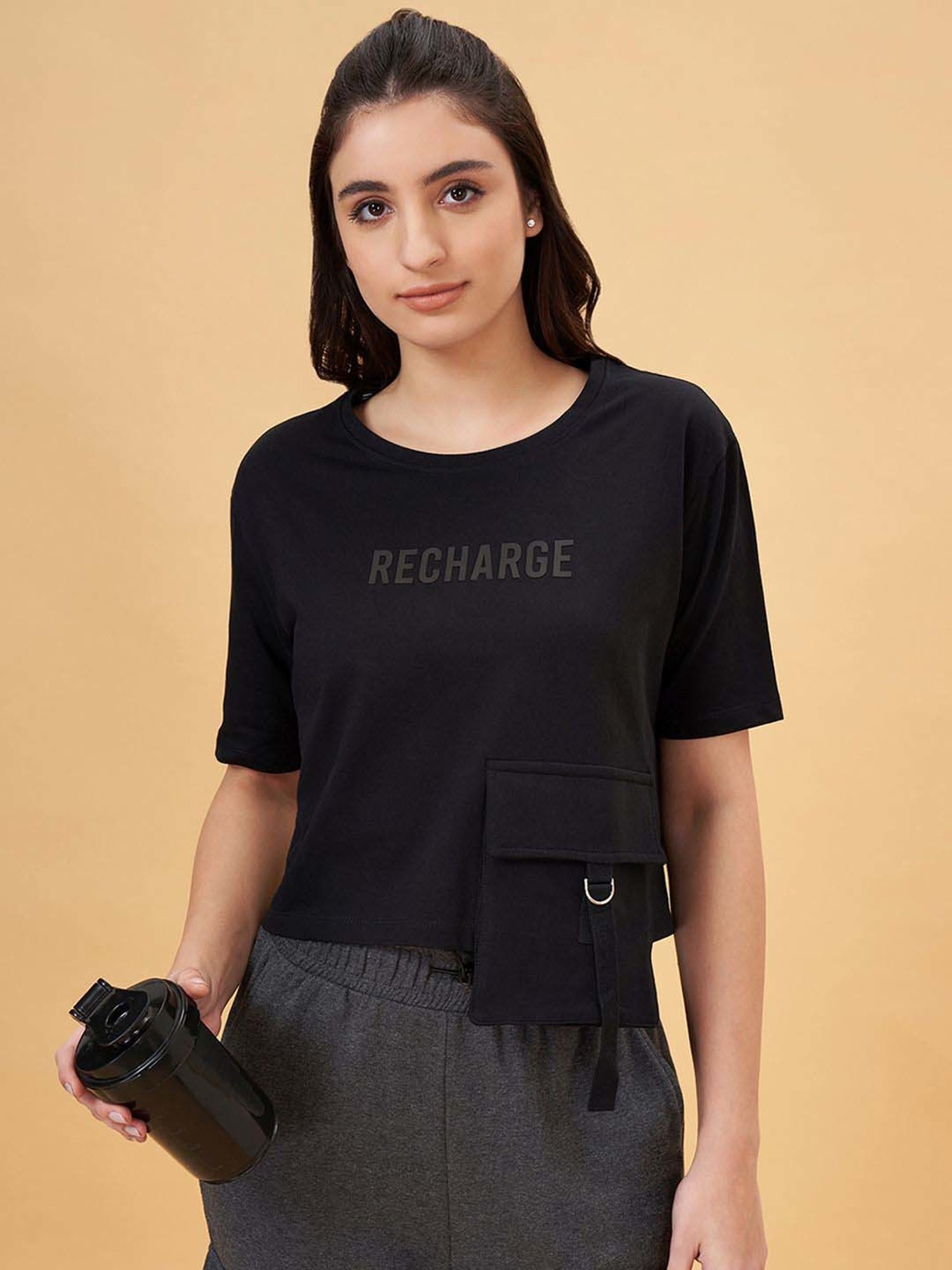 Ajile by Pantaloons Jet Black Cotton Printed T-Shirt