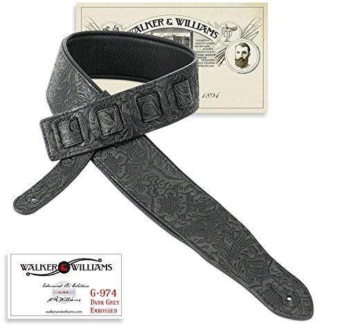 walker & williams g974 dark grey tooled guitar strap with soft padded back