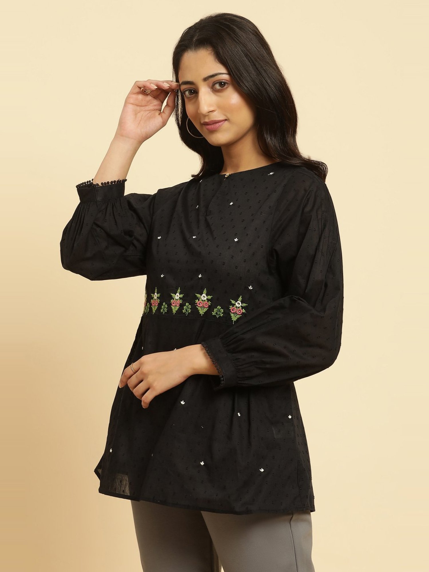 W Black Cotton Embroidered Top