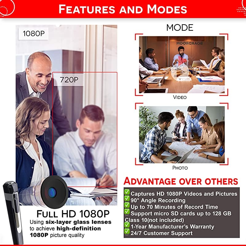 Spy Camera Pen 1080p | Nanny Camera Spy Pen Full HD Loop Recording or Picture Taking | Wireless Security Cam with Wide Angle Lens Discrete Rechargeable