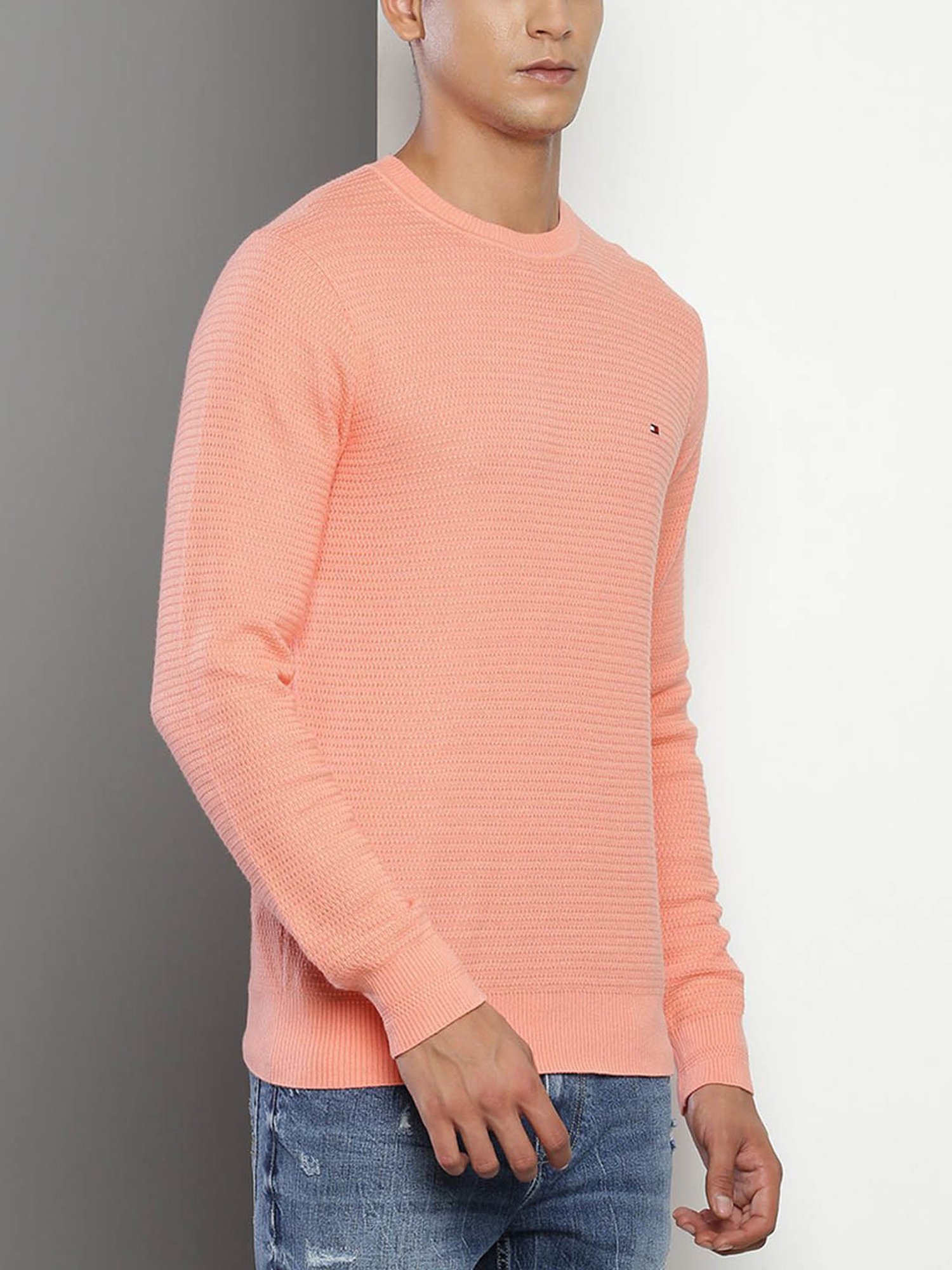 Tommy Hilfiger Peach Cotton Regular Fit Self Pattern Sweater