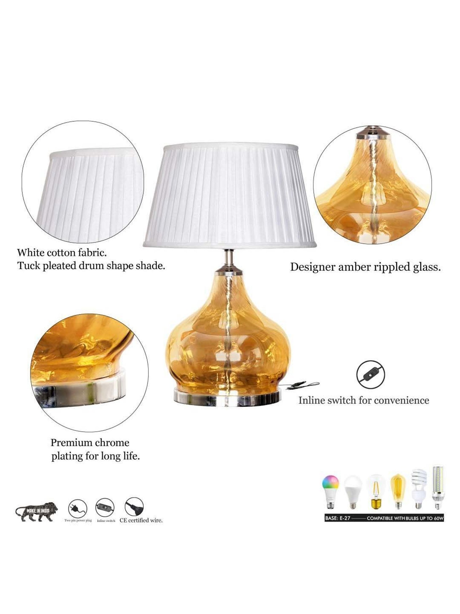Kapoor Lamp Shades Amber & Nickel Glass Ingram Table Lamp With Cotton Shade
