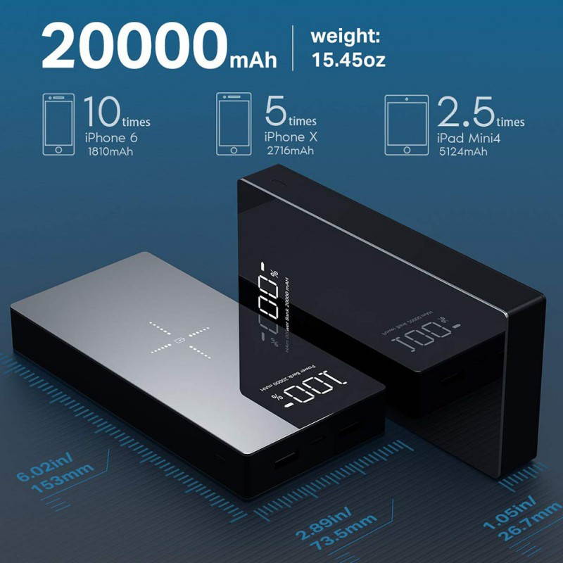 Wireless Power Bank 20000mAh Dual USB Outputs&Wireless Output LED Display Wireless Charging Bank Battery