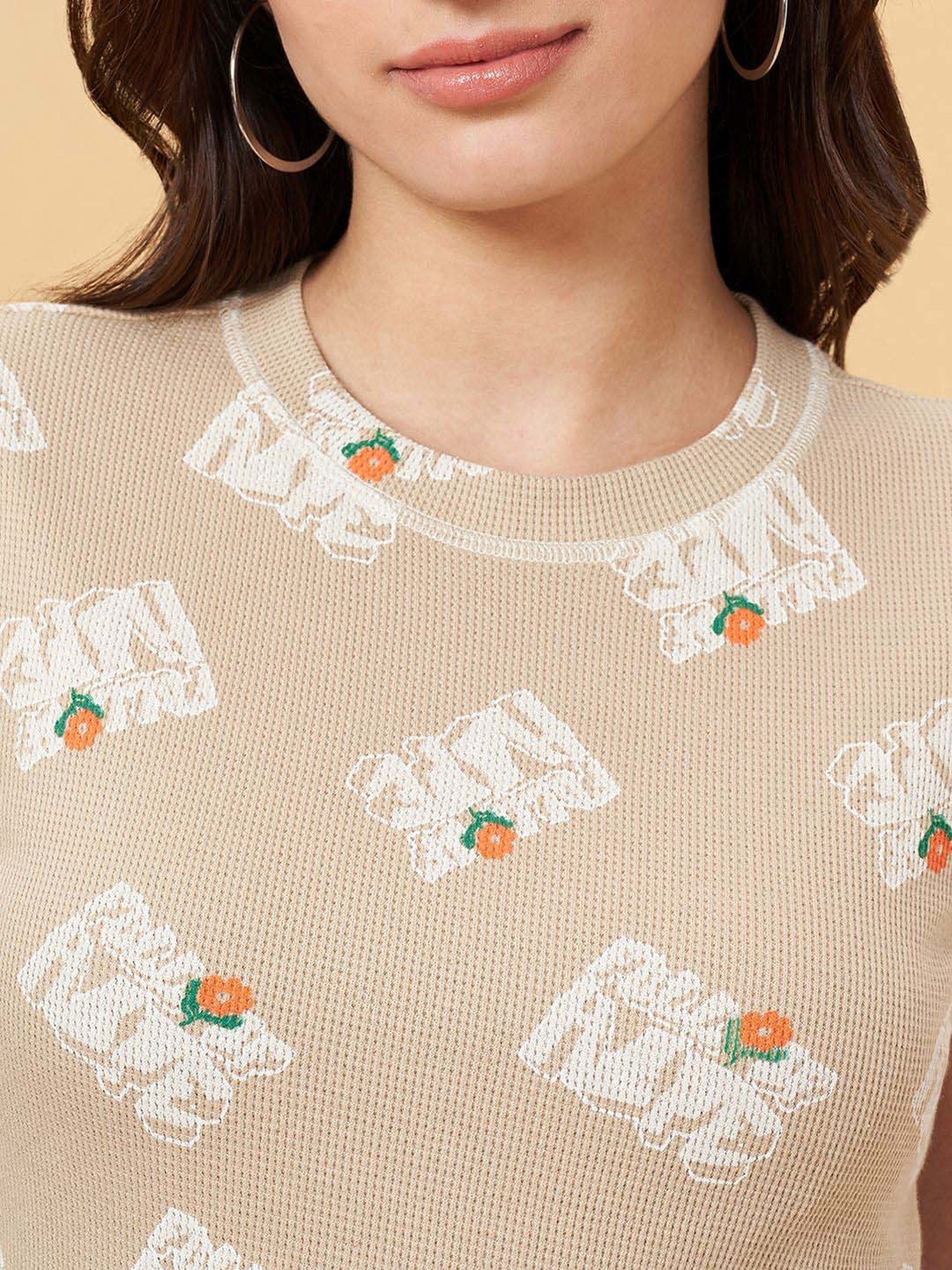 People by Pantaloons Khaki Printed T-Shirt