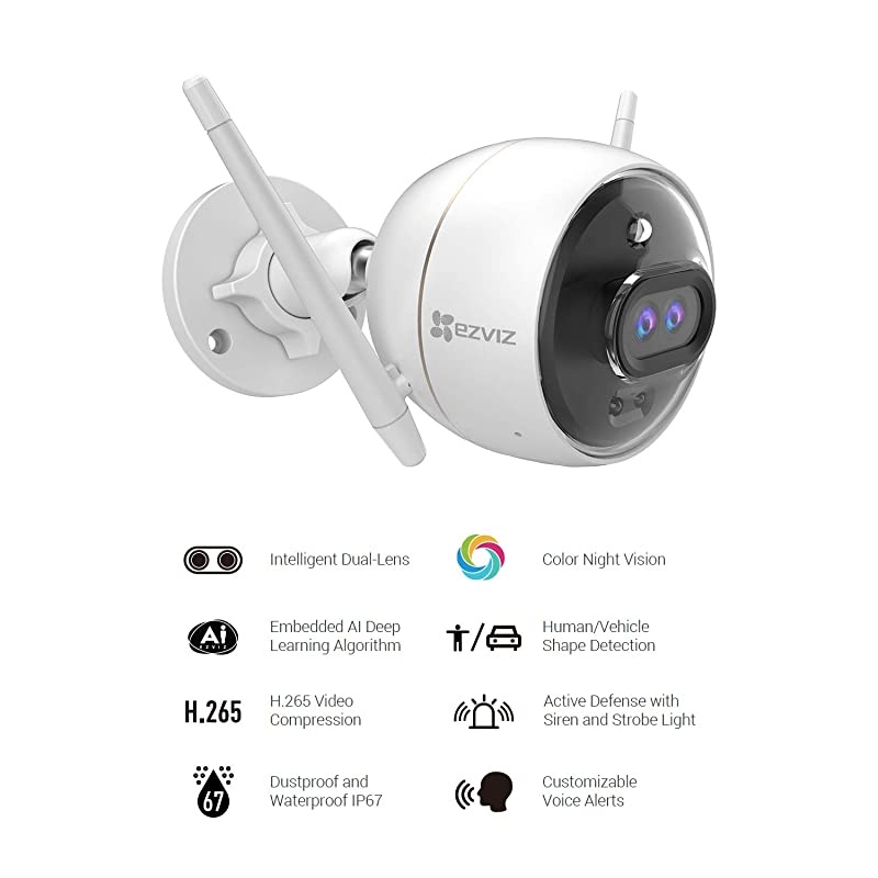 Outdoor Security Camera Dual Lens 1080P, Excellent Color Night Vision, Active Light & Siren Alarm with PIR Motion Detection, Weather Proof, Two-way Talk, the First Dual Lens Security Camera(C3X)