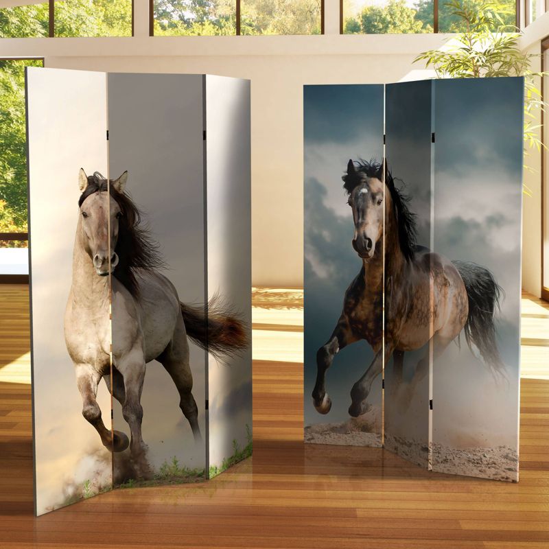 6" Double Sided Galloping Horses Canvas Room Divider - Oriental Furniture
