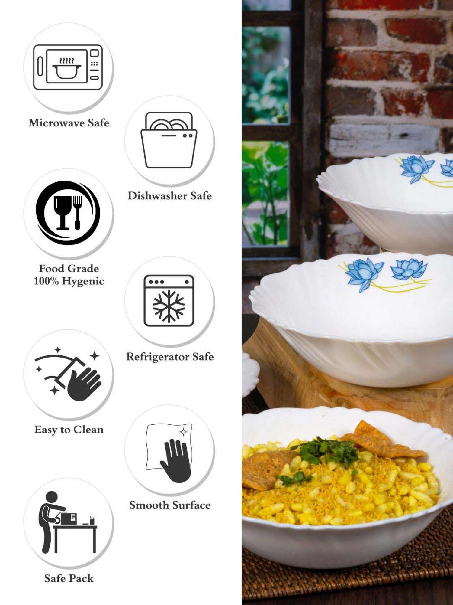 Cello White & Blue Opalware Snack Bowl (0.42 L) - Set of 4