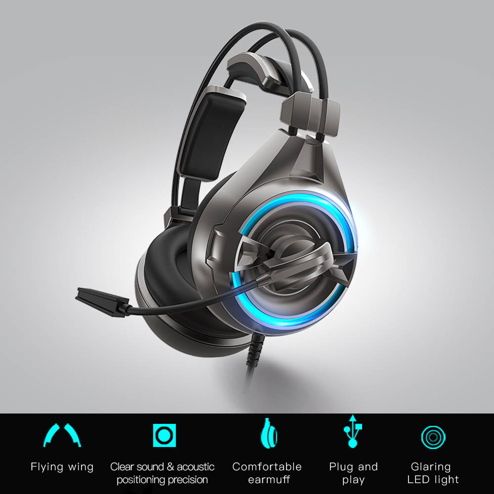 SENICC A6 Wired USB LED PS4 Gaming Headset, Noise Isolation PC Games Headphones, Flying Wing Design, Rotatable Microphone