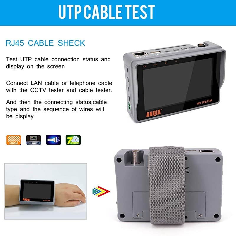 Portable Wrist CCTV Tester43 AHD TVI CVI CVBS 4 in 1 HD Analog Video Security Camera TesterLCD Screen DC12V 1A Power Output UTP Cable Tester PTZ Control