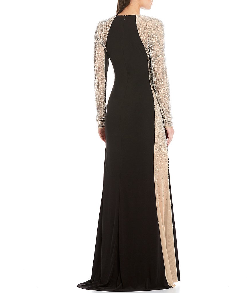 Xscape Caviar Beaded Mesh Panel Long Sleeve Contrast Matte Jersey Square Neck Mermaid Gown