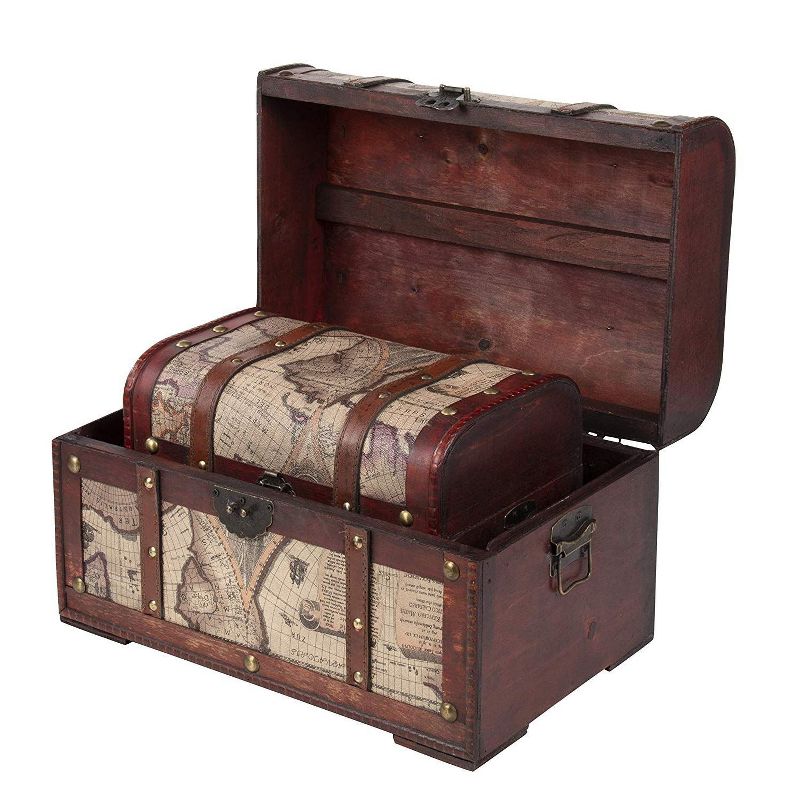 Juvale 3-Piece Wooden Treasure Chest, Antique Victorian Map Pattern Keepsake Box Storage Trunk, Assorted Sizes