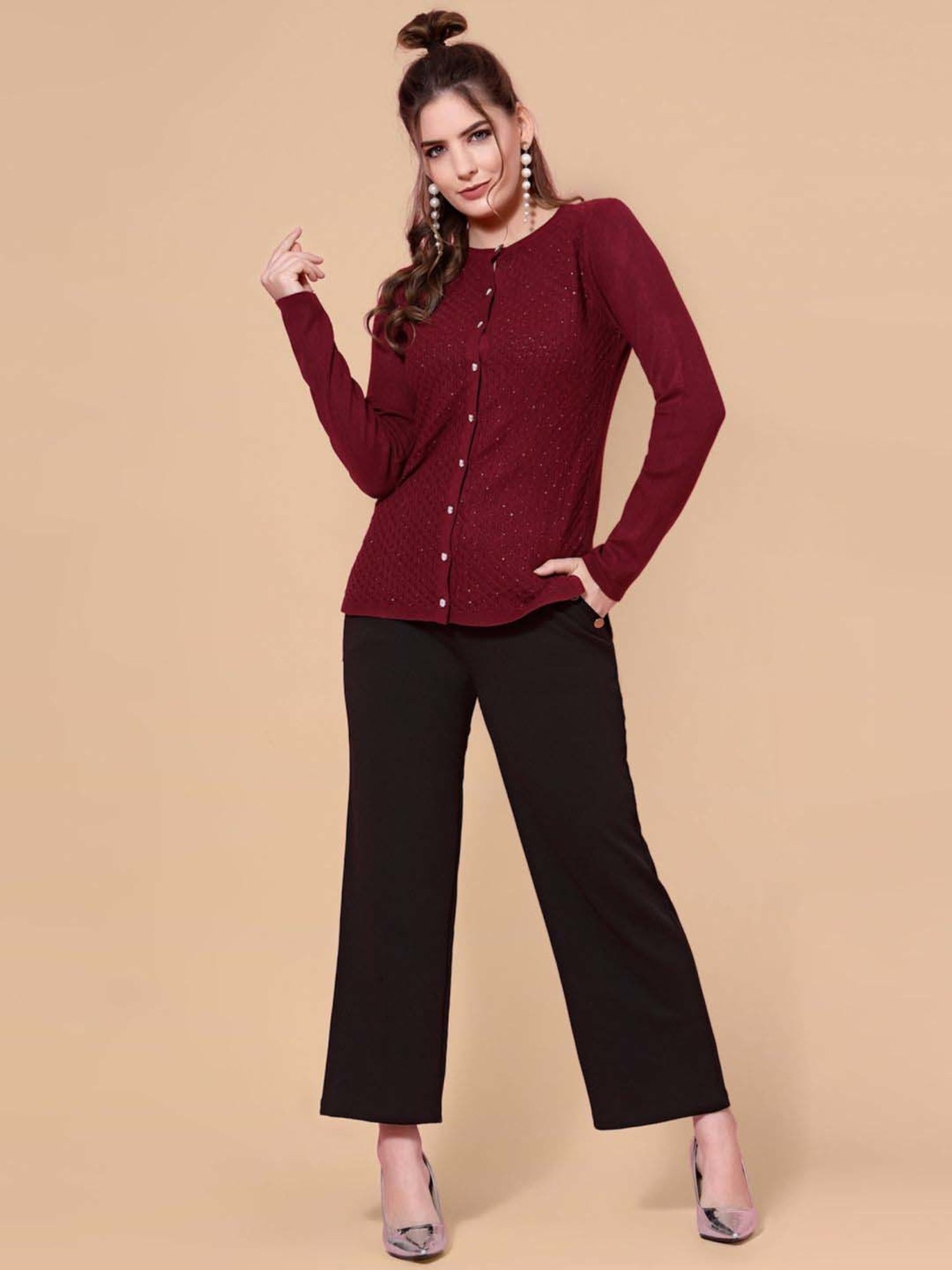 Mafadeny Maroon Embellished Cardigan