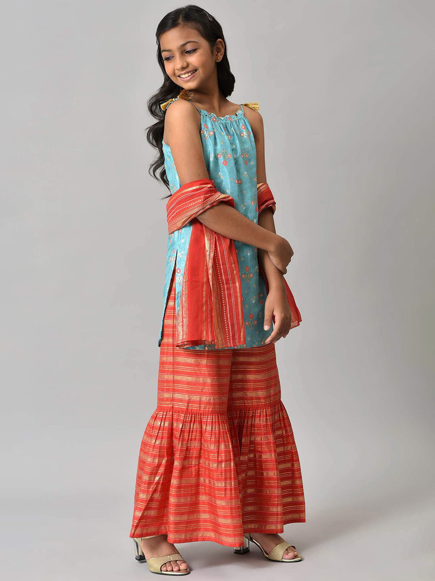 Aurelia Kids Aqua Blue & Red Floral Print Kurta, Plazzos with Dupatta