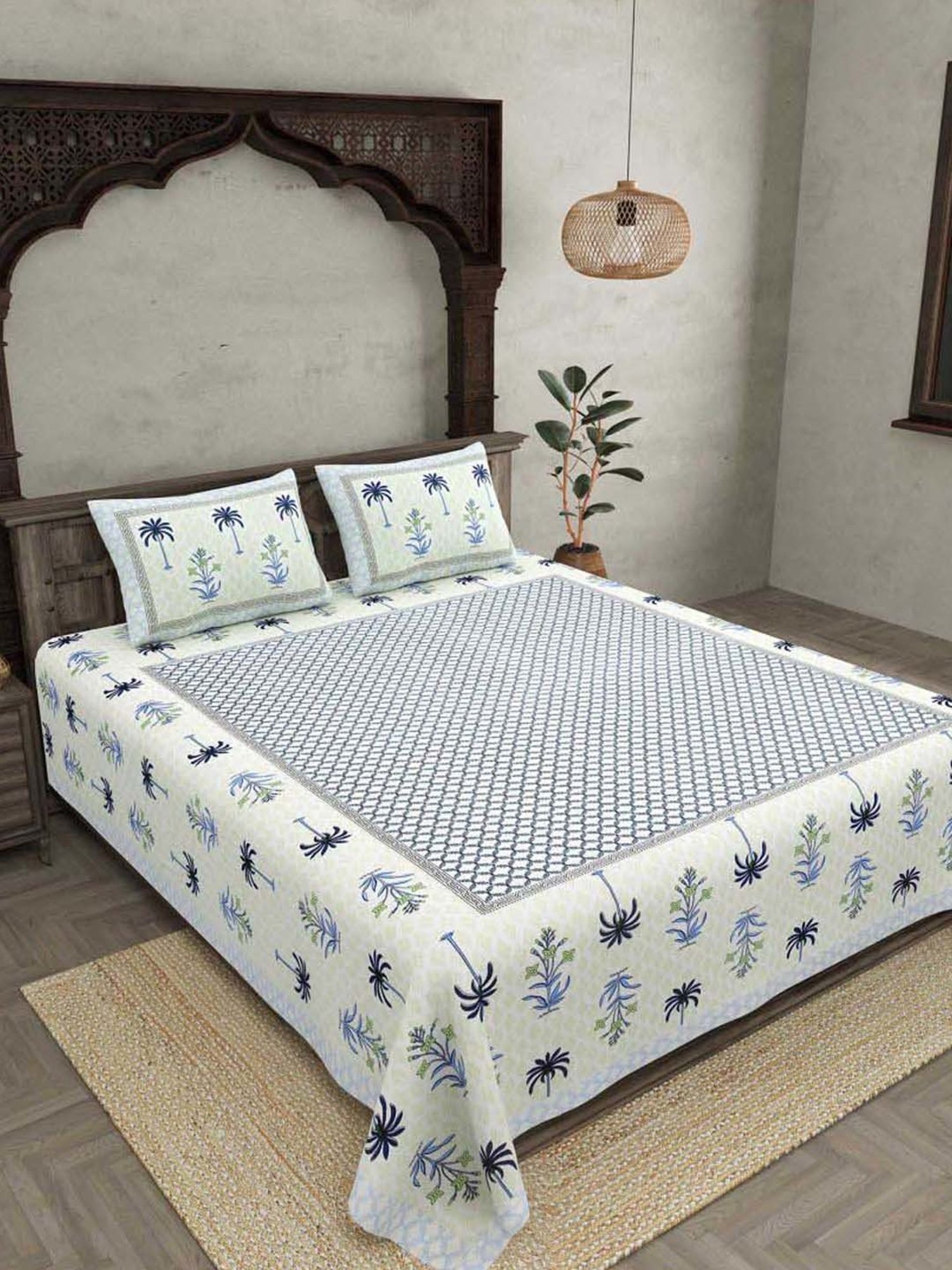 JaipurFabric Blue & White Cotton 180 TC Double Bedsheet with 2 Pillow Covers