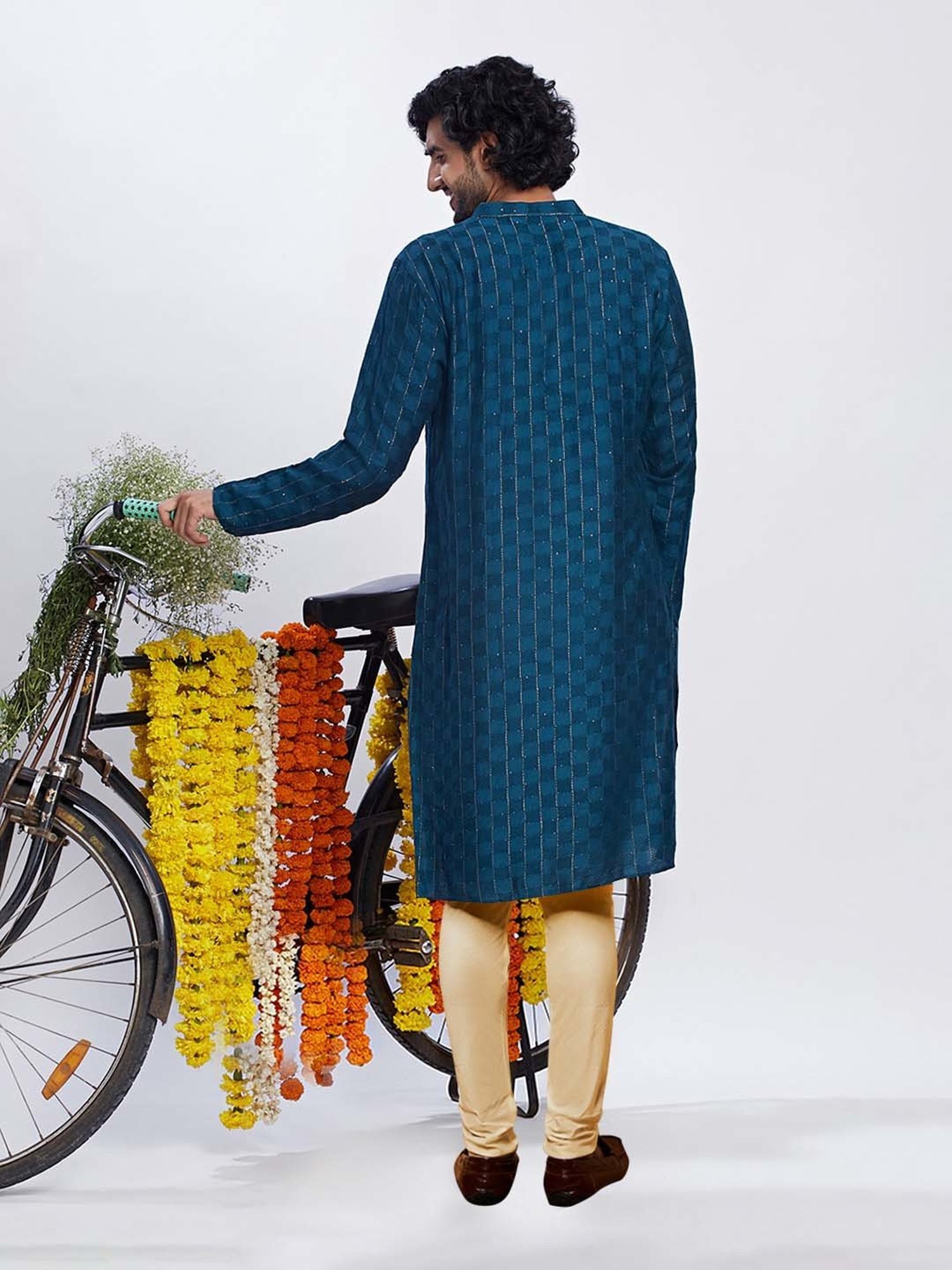 KISAH Teal & Beige Regular Fit Embellished Kurta & Churidar Set