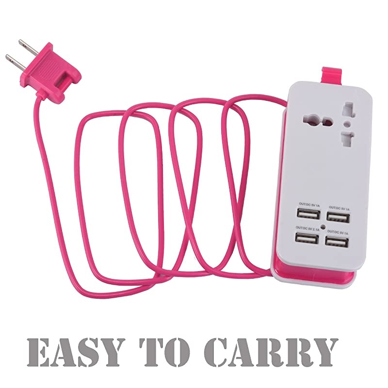 Power Strip, Portable Travel Charger Outlets 2.1AMP+1AMP 21W 1.5M/5ft Power Supply Cord with Universal Plug Wide Range Input 100v-240v Power Sockets Charger Station 4 Port Charger (Pink)