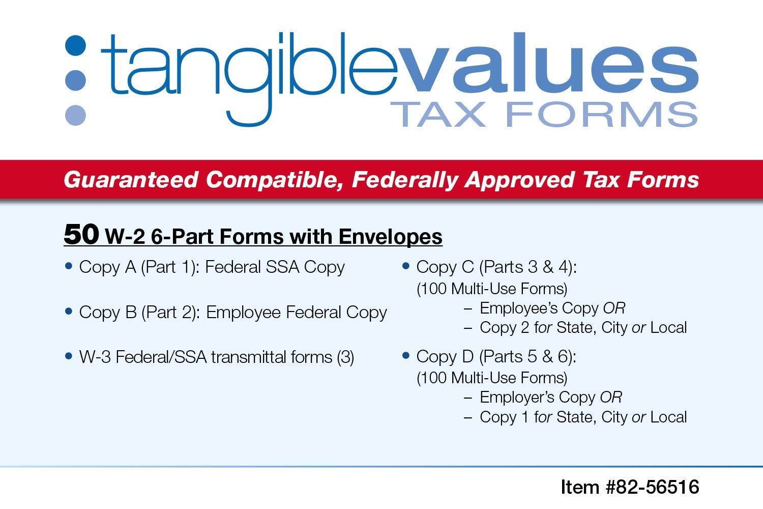 Tangible Values W-2 Laser Forms (6-Part) Kit with Envelopes for 50 Employees (2018)