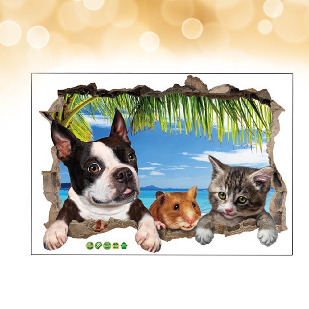 3D Broken Wall Window Sticker French Cat Mouse Children Room Bedroom Cute Animal Wall Stickers