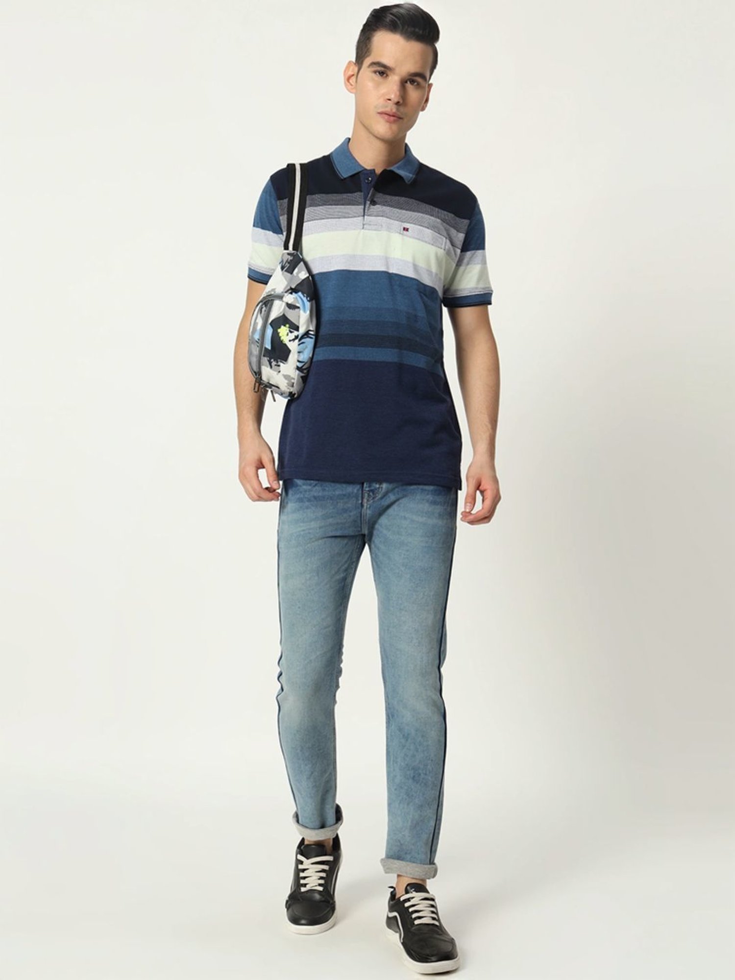 Tab91 Blue Regular Fit Striped Polo T-Shirts