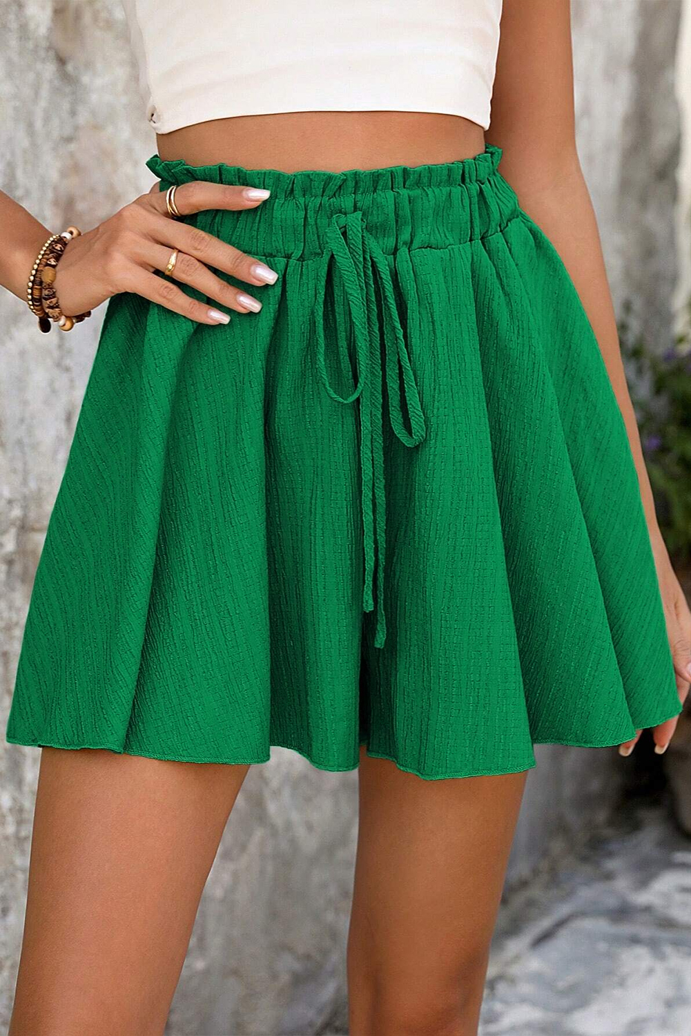 Dark Green Textured Frill High Waist Ruffle Wide Leg Shorts