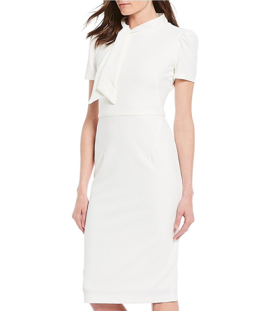 Maggy London Petite Size Tie Neck Puff Sleeve Stretch Crepe Sheath Dress