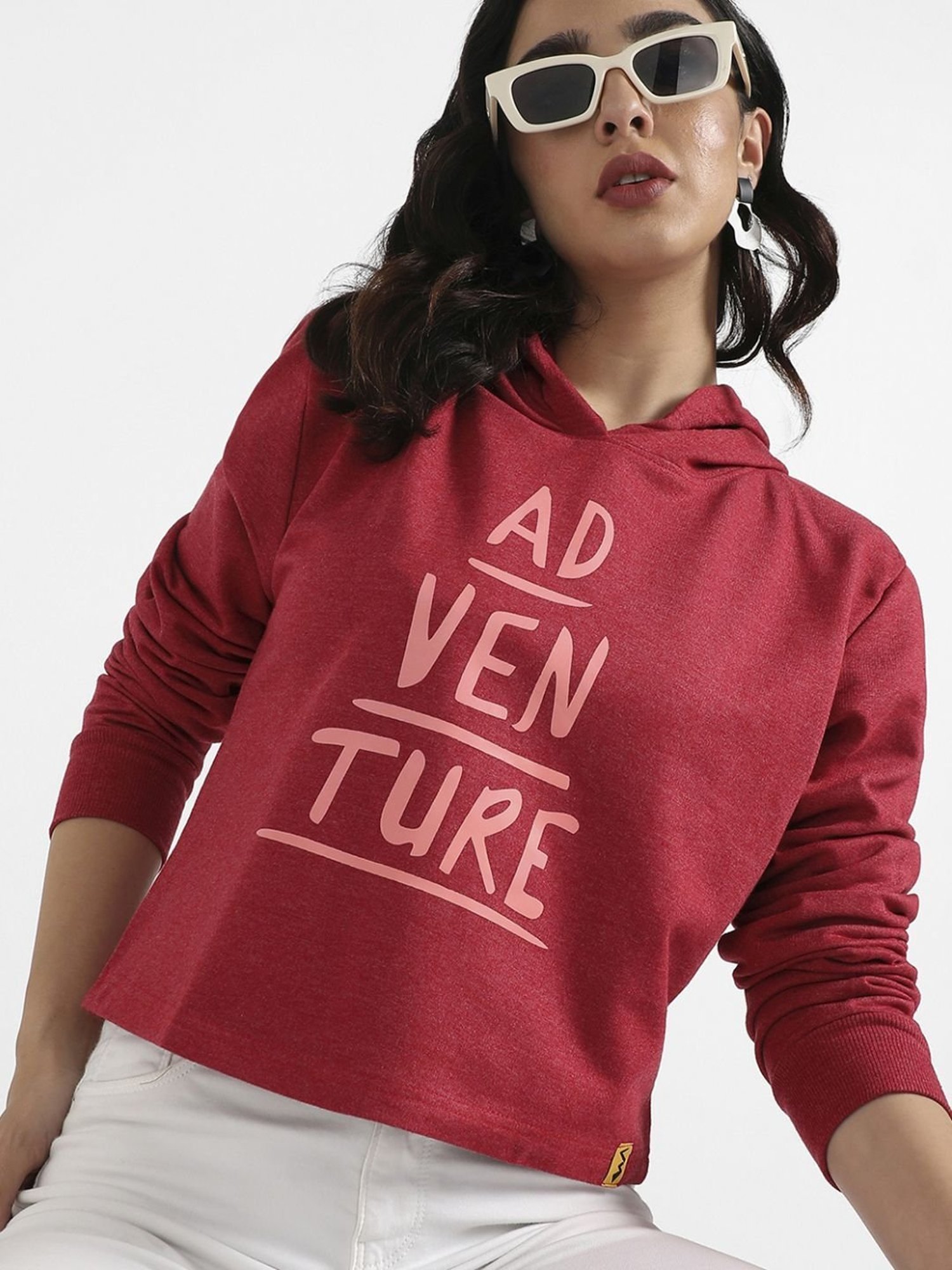 Campus Sutra Red Cotton Printed Sweatshirt
