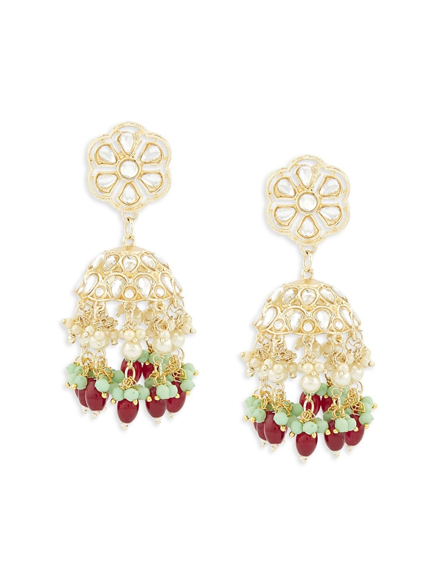 Zaveri Pearls Green & Maroon Beads Traditional Kundan Jhumki Earrings - ZPFK13551