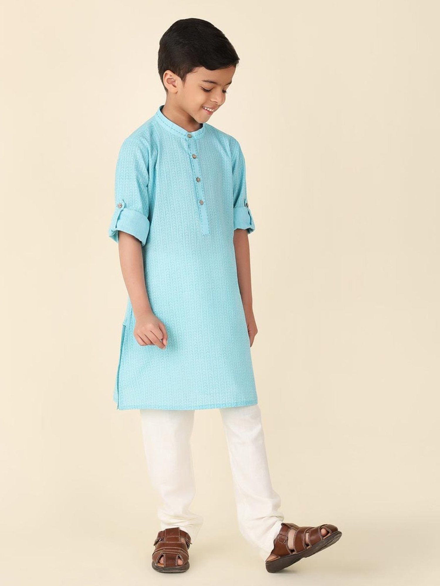 Fabindia Kids Blue Cotton Printed Full Sleeves Kurta