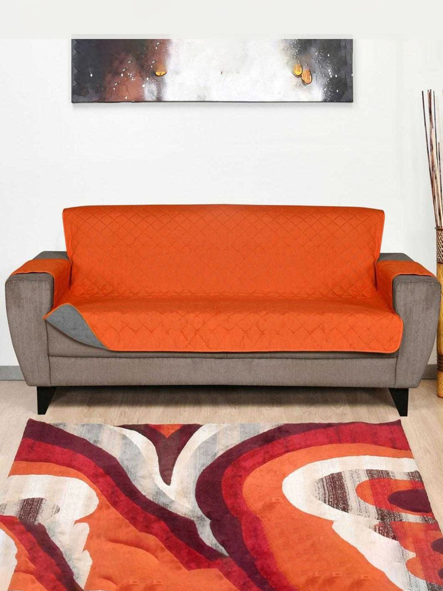 @home ORANGE & GREY Solid Polyester Quilted Reversible 3 Seater Sofa Cover