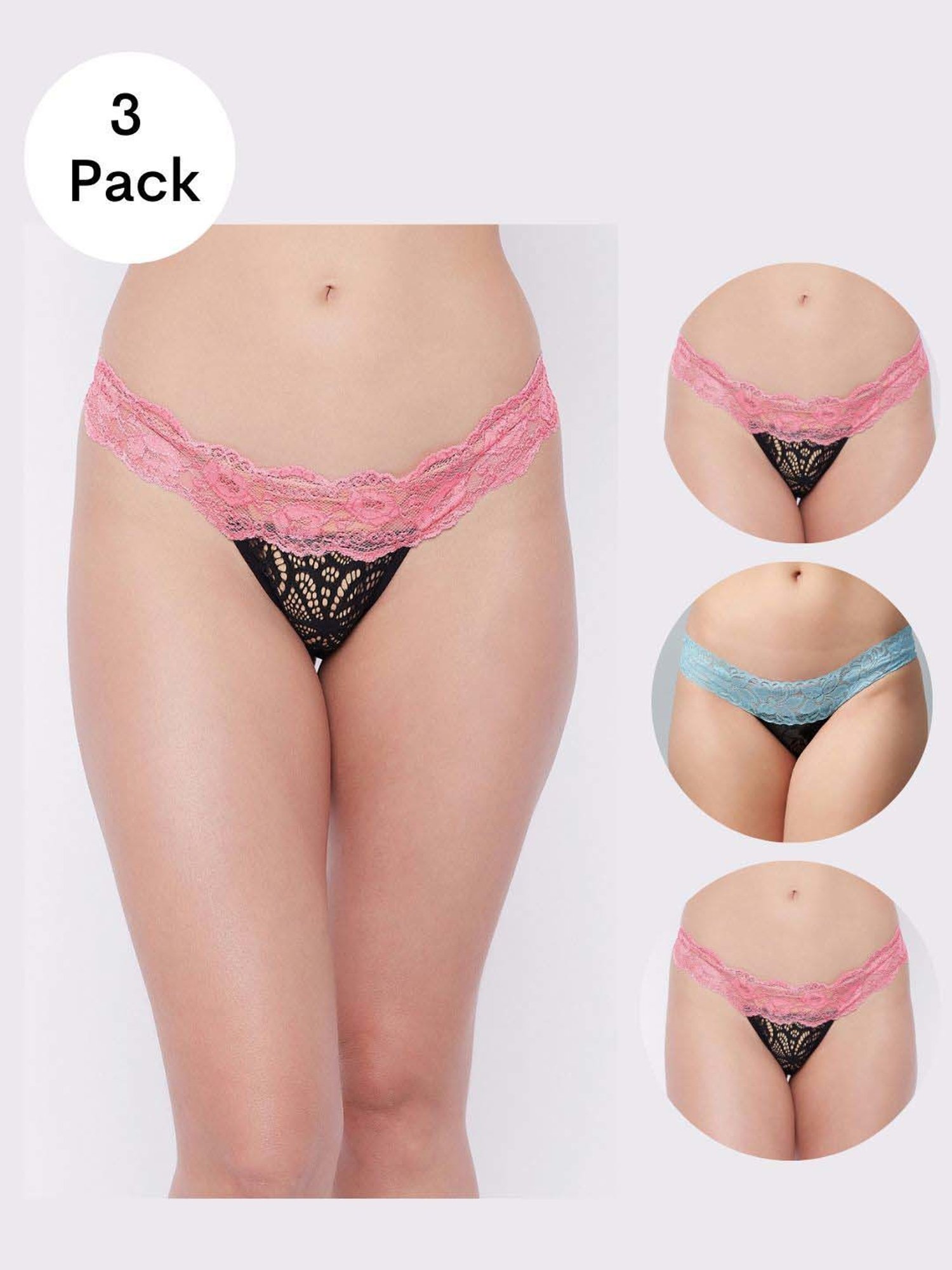 Secrets By ZeroKaata Pink & Blue Lace Work Bikini Panty - Pack Of 3