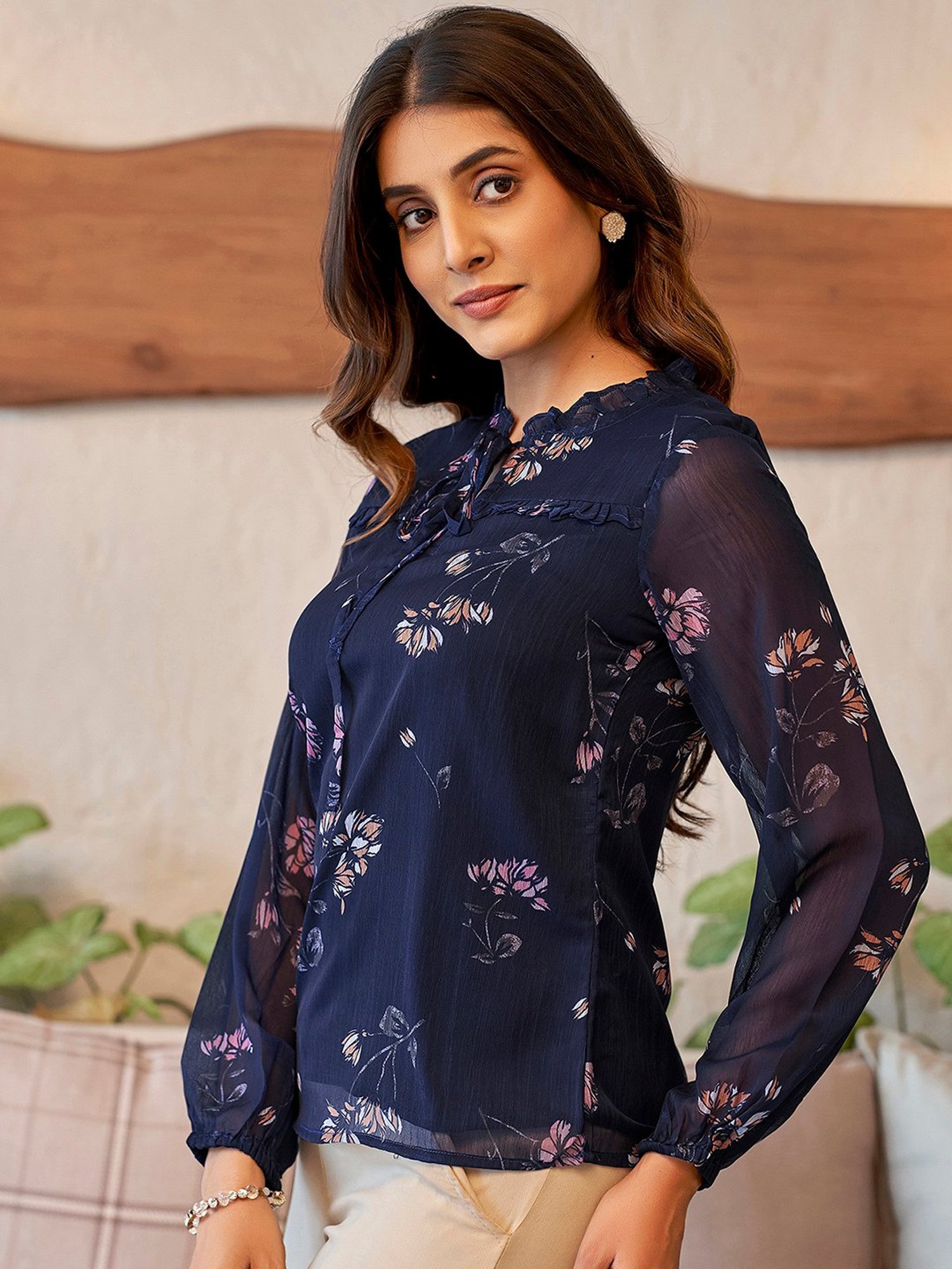 SELVIA Navy Floral Print Top