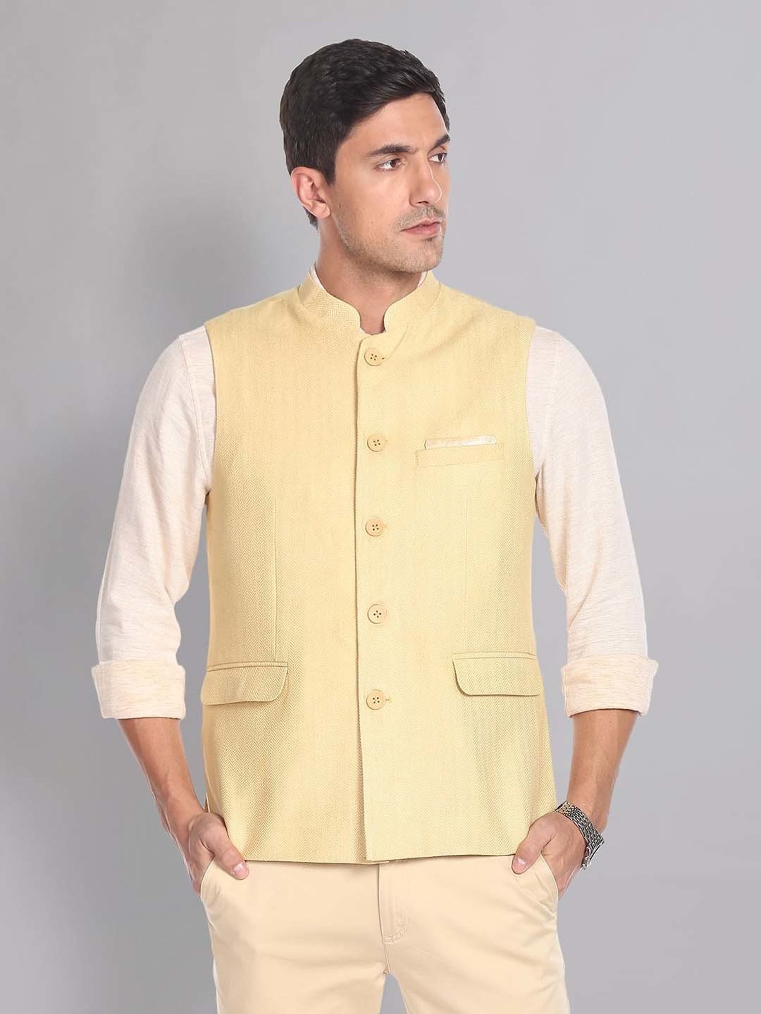 AD by Arvind Yellow Mandarin Collar Self Design Nehru Jacket